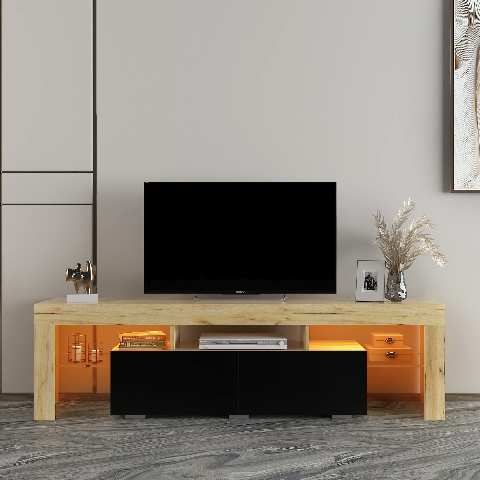 Modern TV Stand with LED Lights & Storage for 55-70 Inch TVs - Entertainment Center with Clear Glass Shelves & 2 Drawers - Perfect for Living Room, Bedroom, Home Theater Setup
