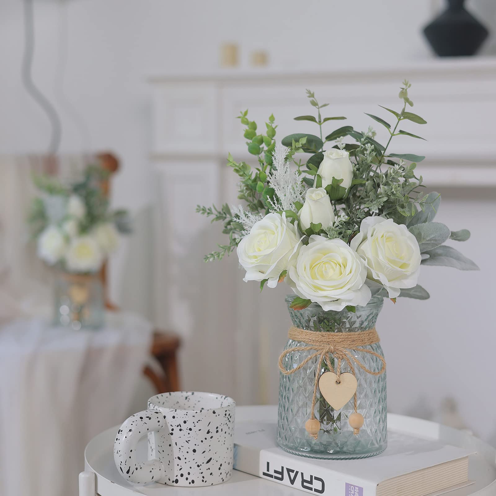 Artificial Silk Roses in Vase - Home & Office Decor for Farmhouse, Bathroom, Dining Table