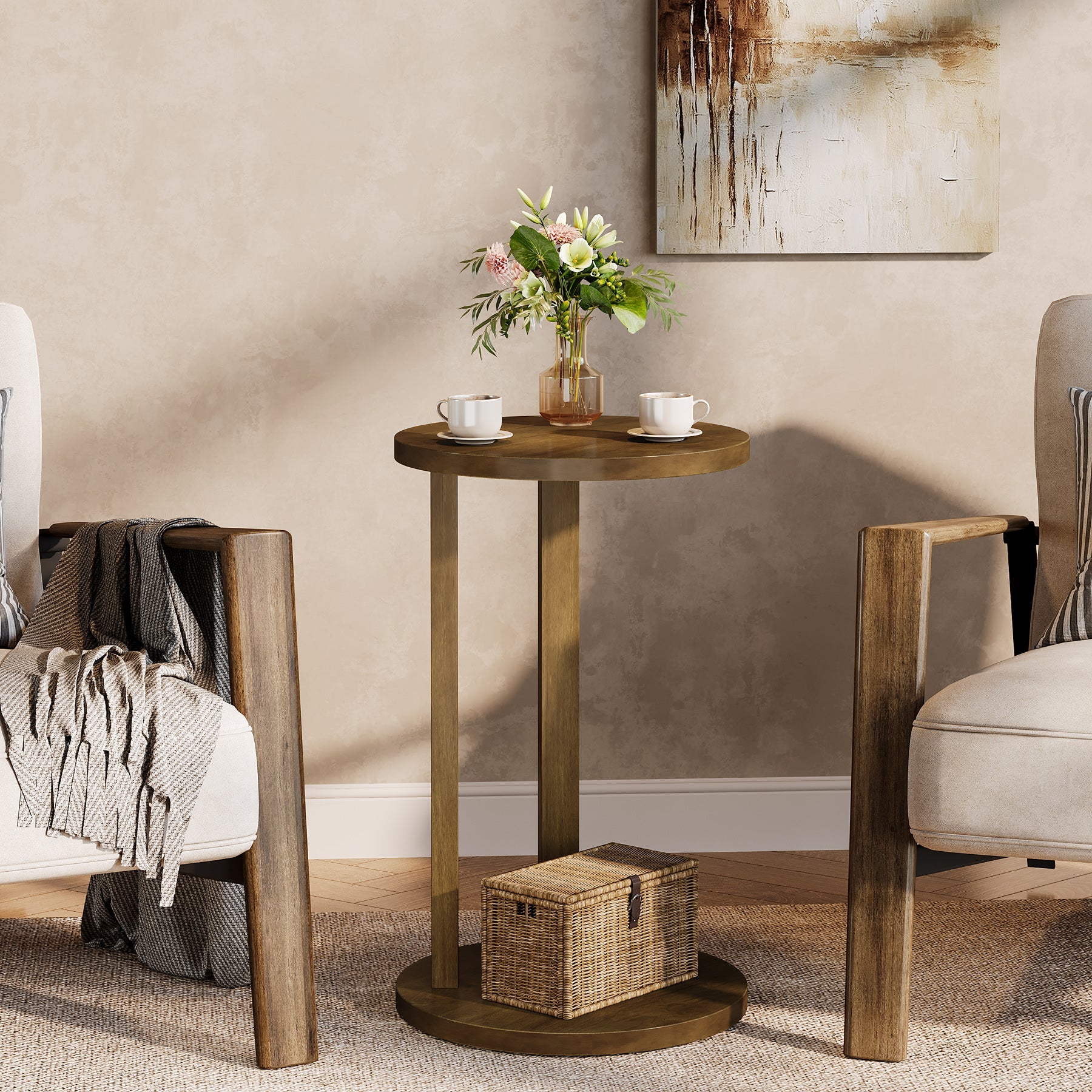 Round End Table with 2 Tiers & Solid Wood Legs - Stylish Side Table for Living Room, Bedroom, or Office Décor