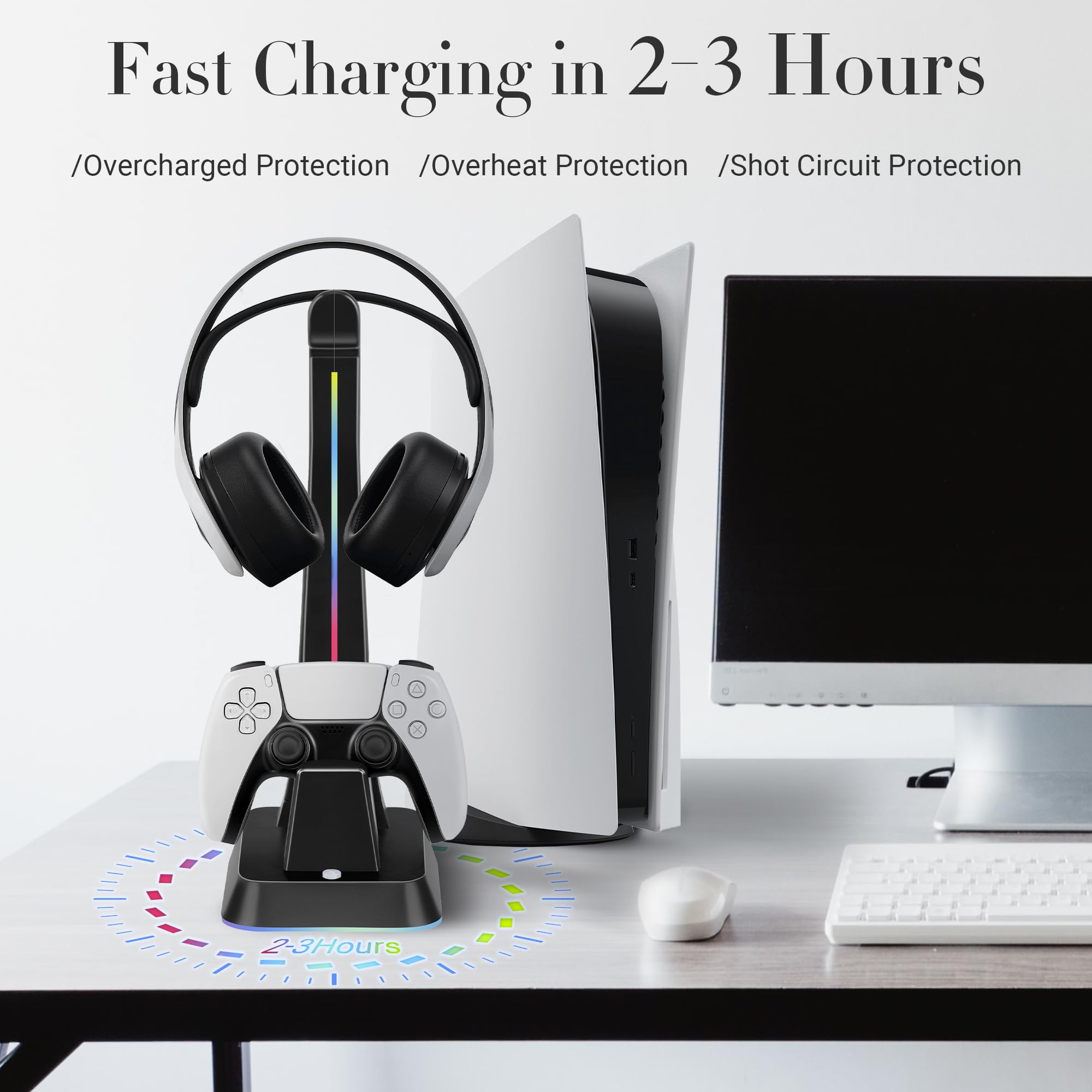 PS5 Controller Charger Station with RGB Headphone Stand & 2 USB Ports - Dual Charging Dock for PlayStation 5 Controllers & Headset - Black | Gaming Accessories for Organized Playstation 5 Setup