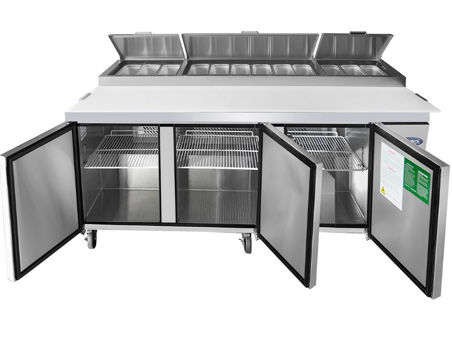 Atosa 93 Inch Commercial Refrigerated Pizza Prep Table - 3 Solid Door Stainless Steel Workstation for Pizzerias, Restaurants & Catering Businesses | Perfect for Food Prep, Storage & Display