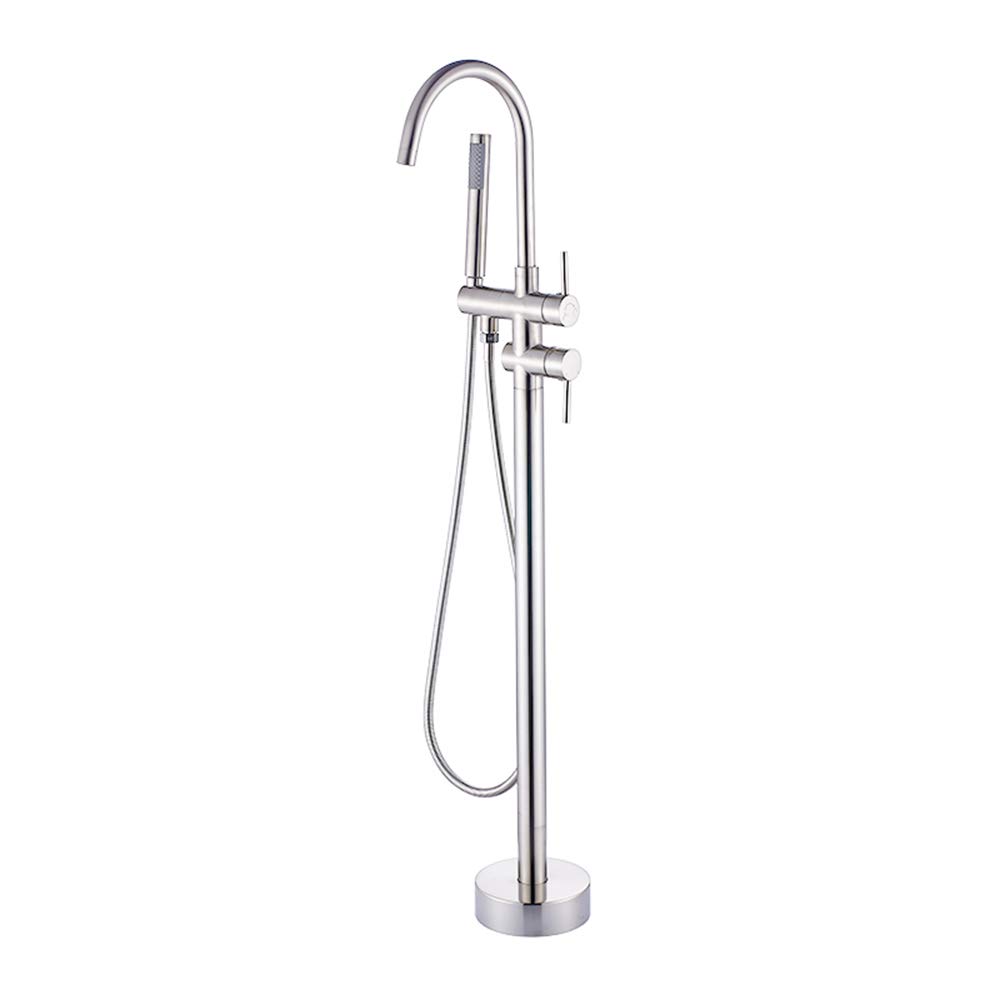Brass Freestanding Bathtub Faucet with Hot & Cold Water - Double Handle Floor Mounted Bath Shower Mixer with Handheld Showerhead - Brushed Nickel Finish for Modern Bathroom & Spa Relaxation