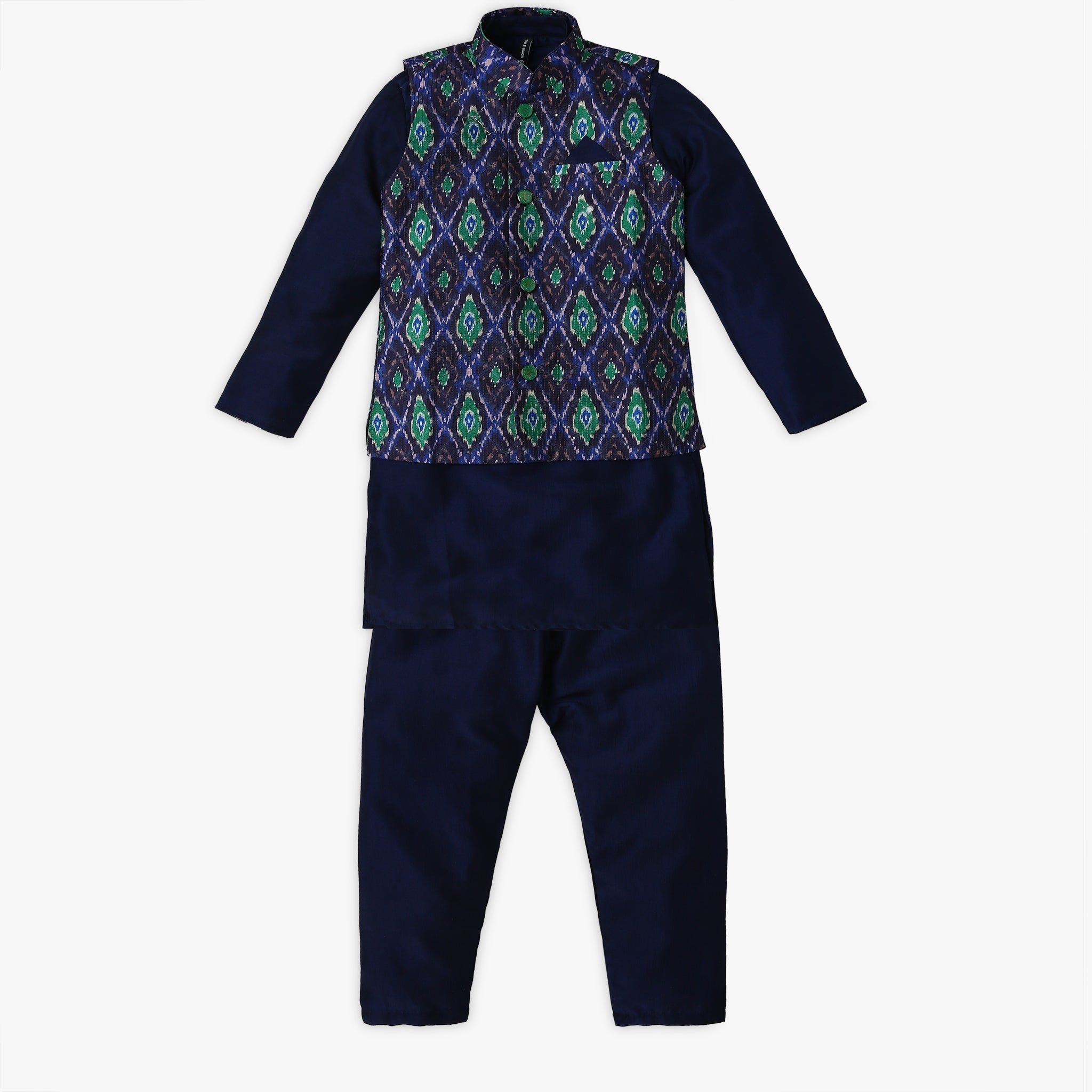 Boys' Regular Fit Printed Kurta and Pant Set with Jacket | Traditional Indian Outfit for Festivals, Weddings & Special Occasions
