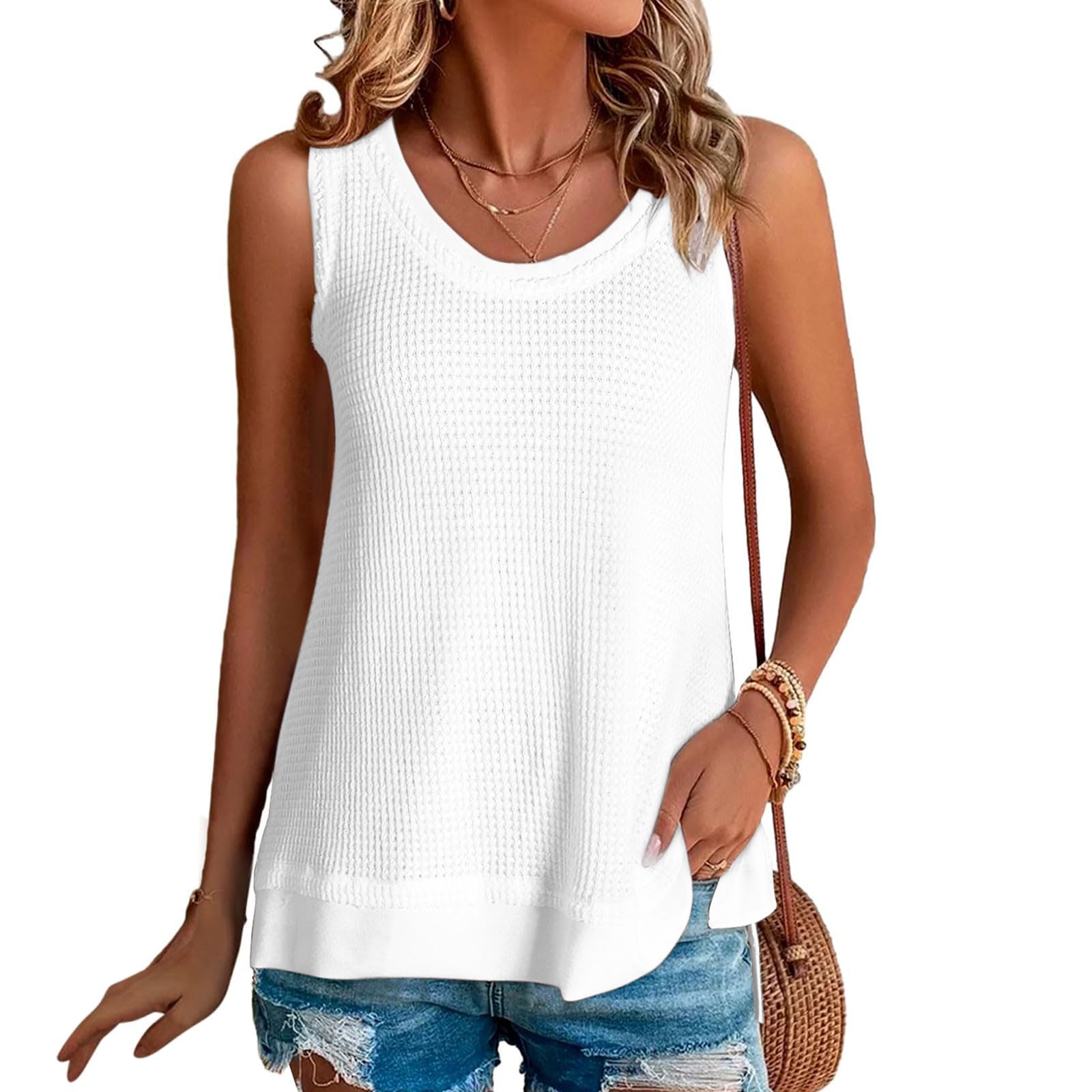 Women's Loose Fit Waffle Knit Tank Top - Scoop Neck Sleeveless Summer Tunic Top for Casual & Dressy Wear | Perfect for Beach, Vacation & Everyday Outfits 2024