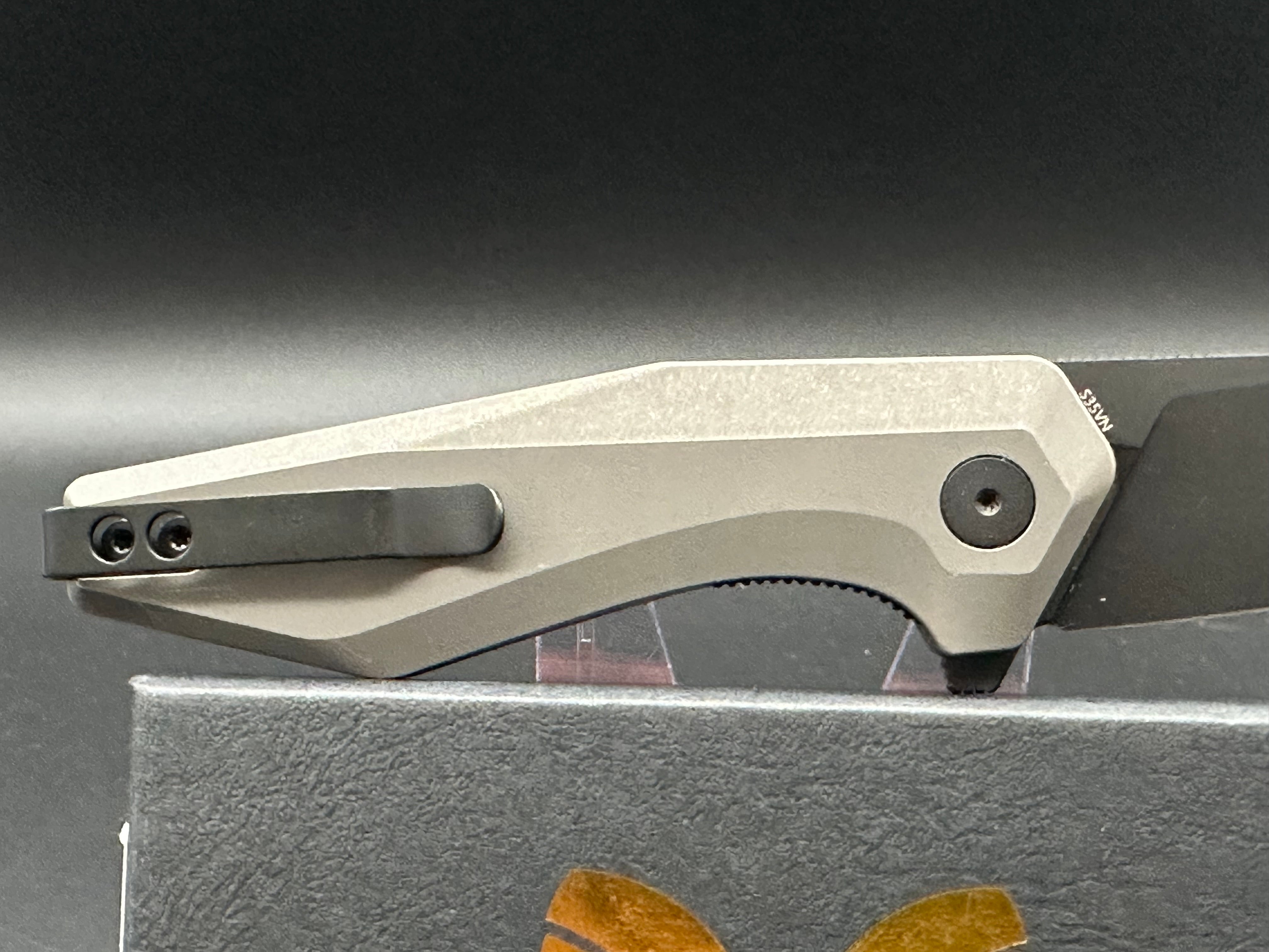 Damned Designs Fenrir Stonewash Titanium Reverse Tanto Knife - Black CPM S35VN Steel Blade - EDC, Outdoor Camping, Survival Gear, Tactical Tool
