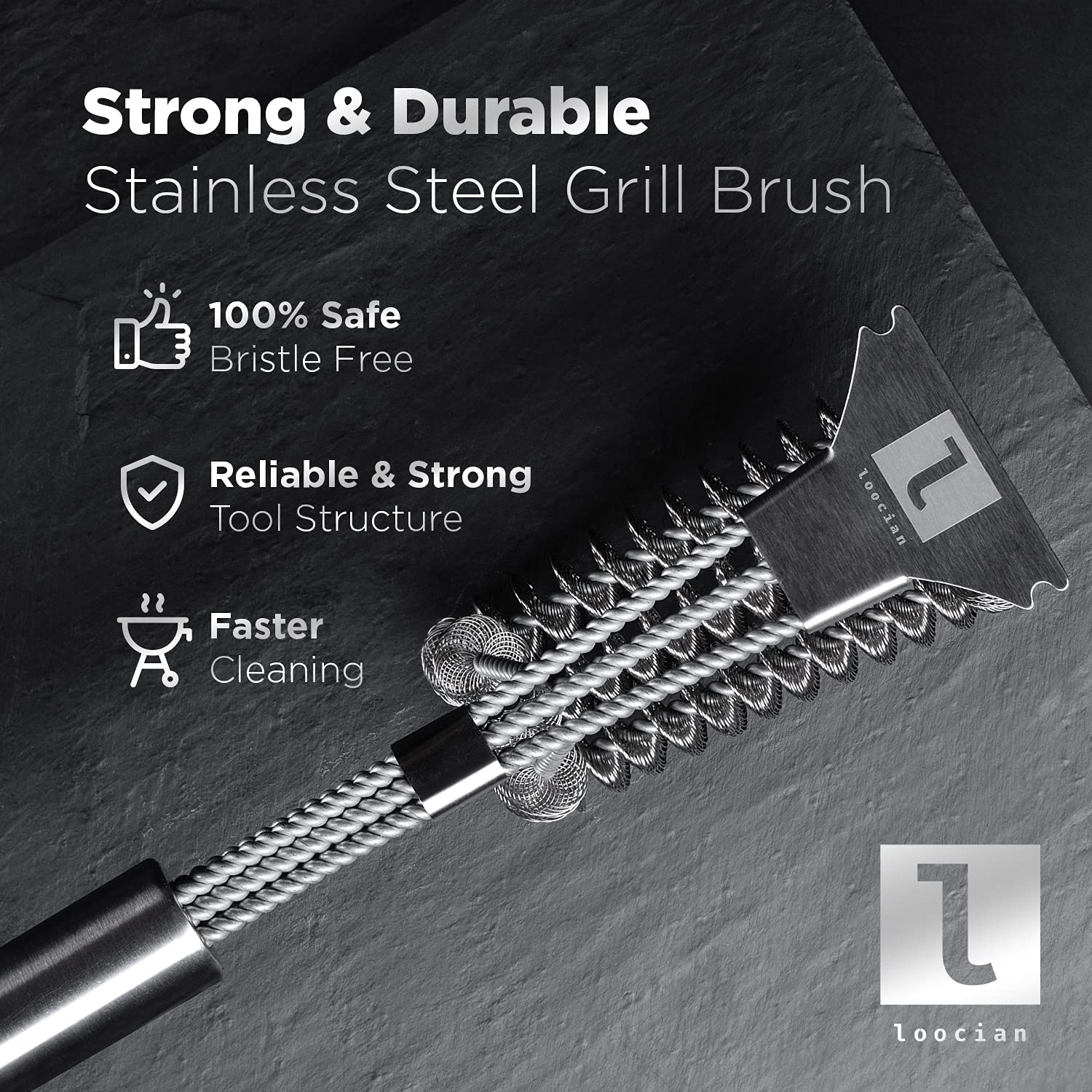 LOOCIAN Stainless Steel Bristle-Free BBQ Grill Brush - Heavy Duty Grill Scraper & Cleaner for Safe Barbecue Cleaning - Perfect for Gas, Charcoal & Electric Grills - Outdoor Cooking & Backyard BBQ Essential