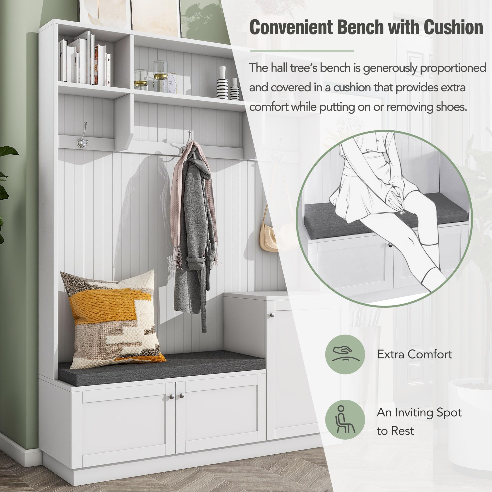 Merax White Hall Tree Coat Rack with Bench & Storage - Entryway Organizer, Shoe Cabinet for Living Room & Hallway - Perfect for Small Spaces, Apartments & Home Entry Organization