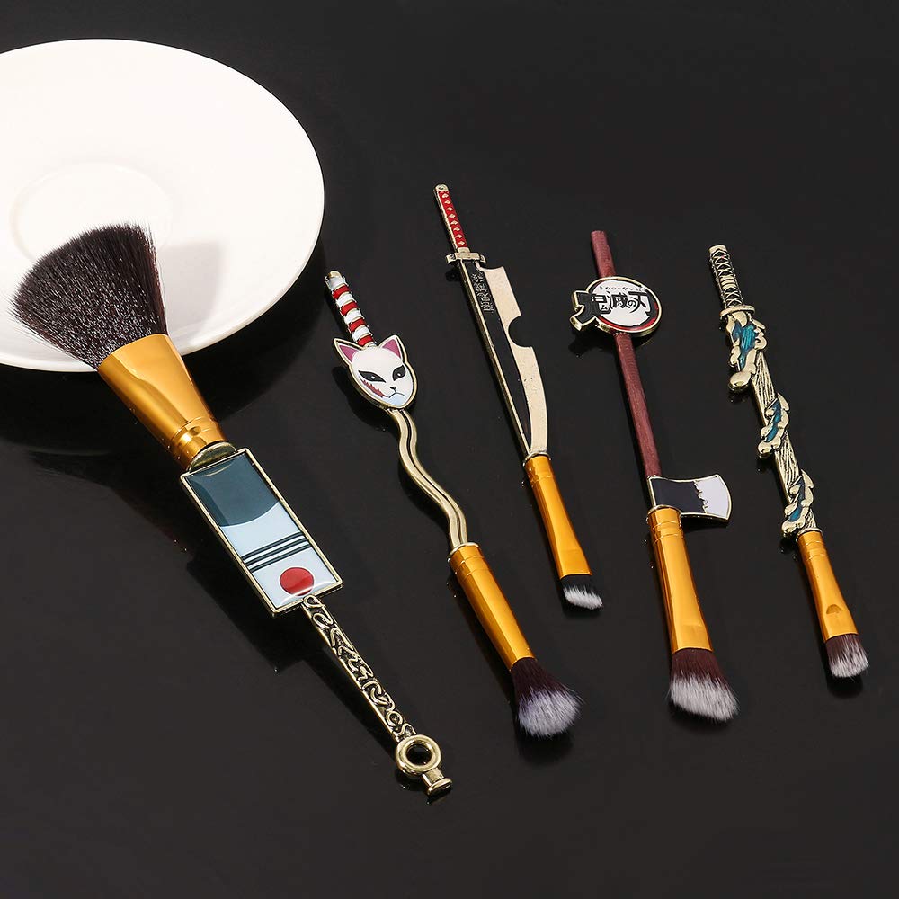 Demon Slayer Anime Makeup Brushes Set - 5pcs Kimetsu no Yaiba Cosplay Brushes with Metal Handle (Nezuko & Tanjiro Design) | Perfect Gift for Anime Fans | Ideal for Cosplay, Halloween & Makeup Artistry