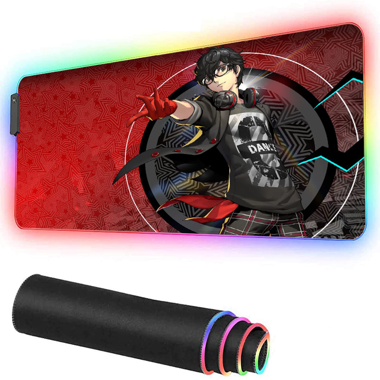 Persona 5 Anime Character RGB Gaming Mouse Pad - Large 19.7x39.3 Inch LED Backlit Desk Mat for CS:GO, PC Gaming & Office Work - Non-Slip Rubber Base with Colorful Lighting Effects