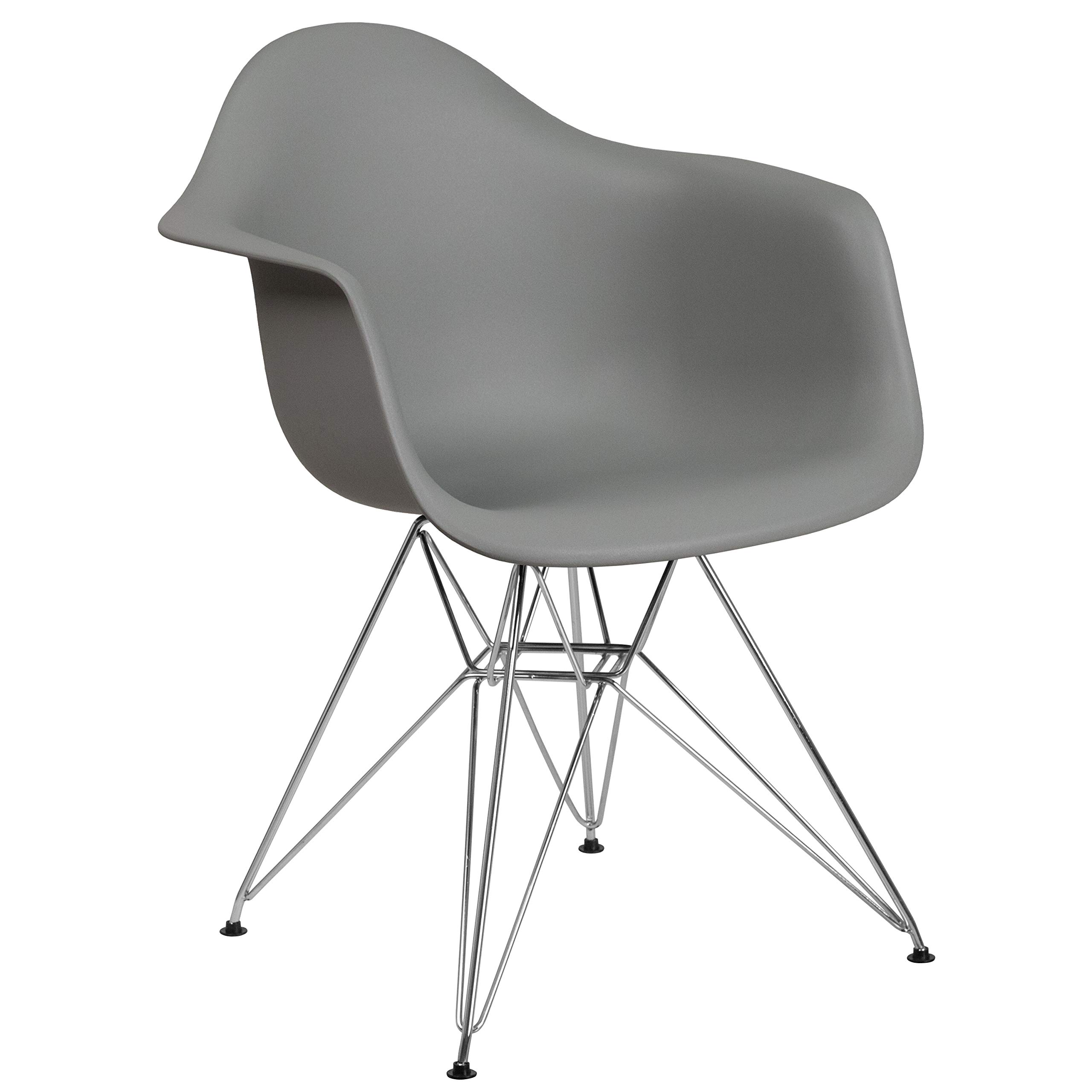 2 Pack Moss Gray Plastic Arm Chairs with Chrome Base - Modern Accent & Side Chairs for Dining Room, Kitchen, Office or Patio
