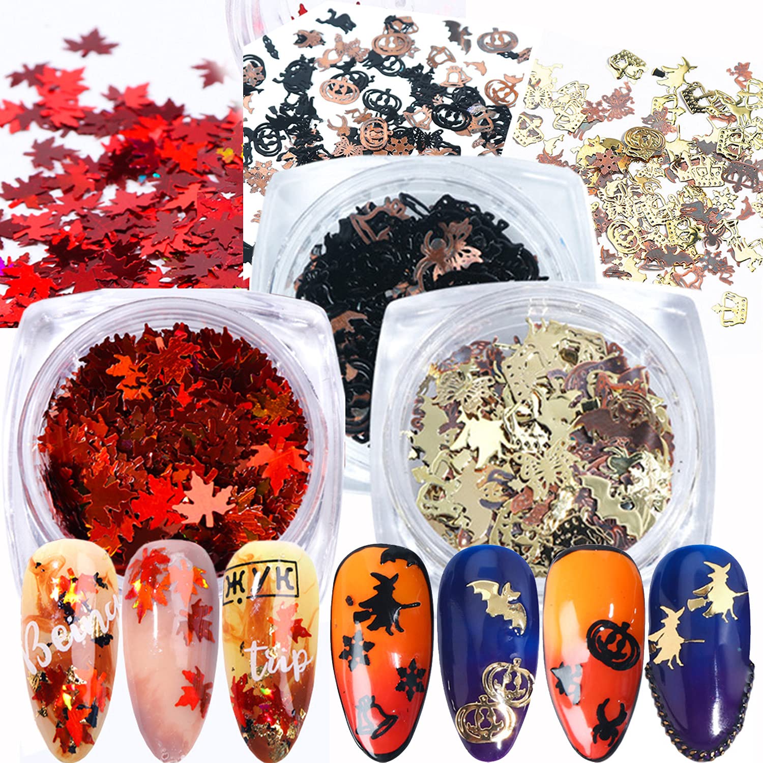 Halloween 3D Nail Art Glitter Sequins - Holographic Day of The Dead Laser Sparkly Flakes, Bat Witch Pumpkin Elk Snowflake Nail Decorations for Nail Stickers - Perfect for Halloween Parties, Nail Salon Designs & Holiday Nail Supplies (3 Boxes)