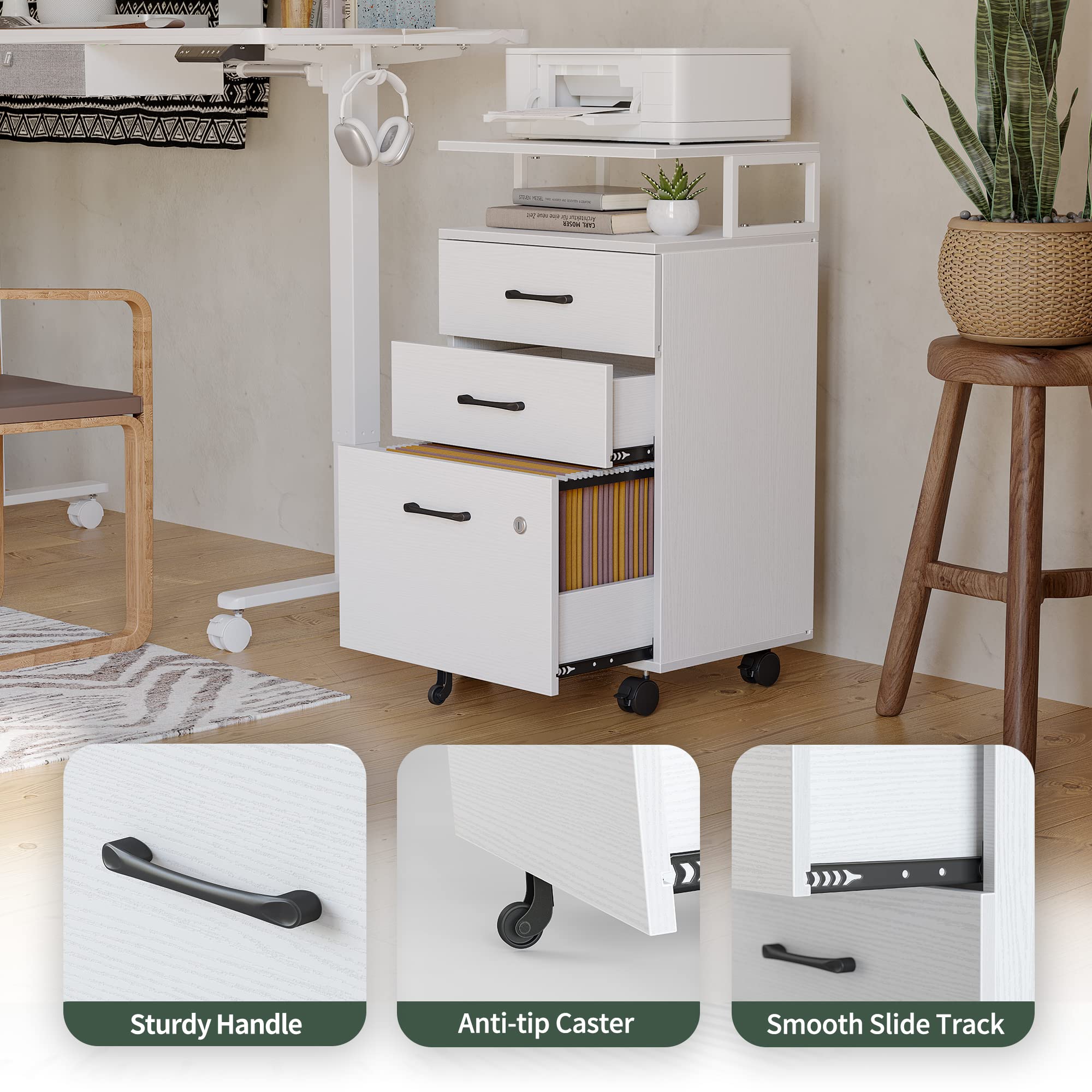 FEZIBO 3-Drawer Locking File Cabinet with Wheels - Home Office Storage for A4, Letter & Legal Documents - White Wooden Printer Stand & Rolling File Organizer - Perfect for Small Spaces & Workspace Organization