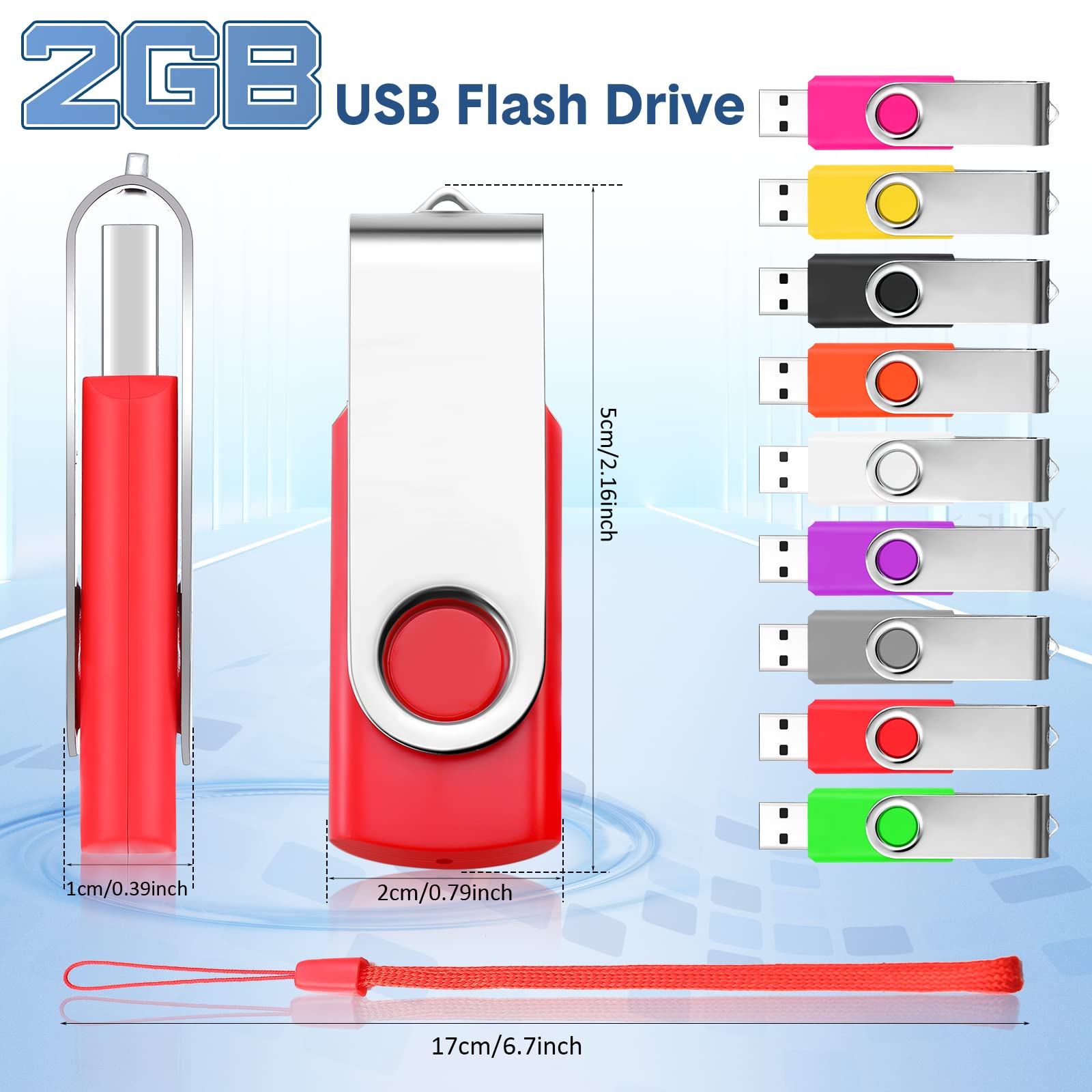 50 Pack 2GB USB Flash Drives Bulk - USB 2.0 Memory Sticks with Lanyard, Swivel Design, 10 Mixed Colors - Perfect for Data Storage, Backup, File Transfer & School/Office Use