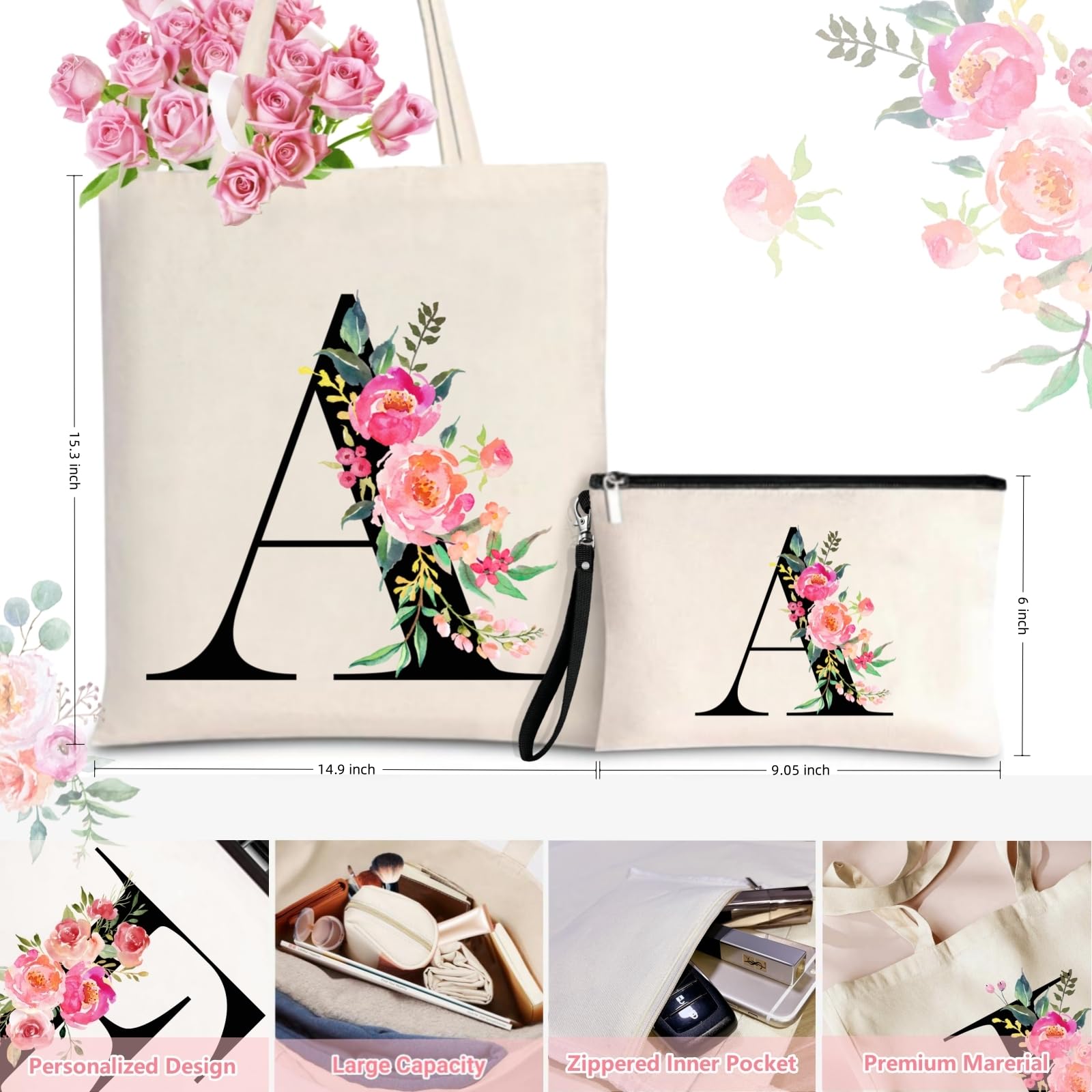 Personalized Monogrammed Canvas Tote Bag for Women - Custom Initial Makeup Gift Bag for Wedding, Bridesmaids & Birthday | Perfect for Beach, Shopping & Everyday Use