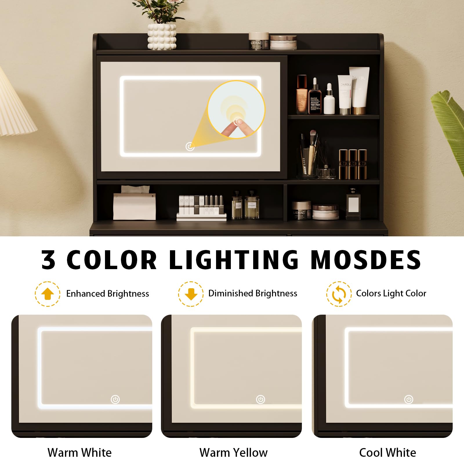 Vanity Desk with Mirror & LED Lights, Adjustable Lighting Modes, Power Outlet & Storage Drawers - Elegant Dressing Table with Stool for Bedroom, Makeup & Beauty (Black) | Perfect for Home Decor, Cosmetics Organization & Vanity Setup