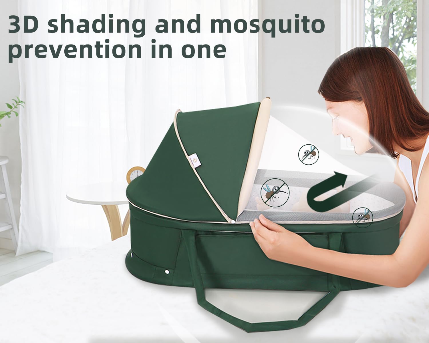 Holy Cat Portable Travel Bassinet - Foldable Baby Crib with Mosquito Net & Canopy, Lightweight Washable Infant Bed for Home, Travel & Outdoor Use - Green
