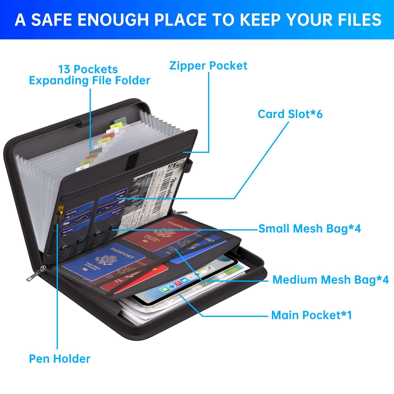 ENGPOW Fireproof Expanding File Folder - 13 Pockets Accordion Organizer with Handle & Labels | Portable Document Storage for Home, Office & Travel | Perfect for A4 Files, Letters & Important Documents