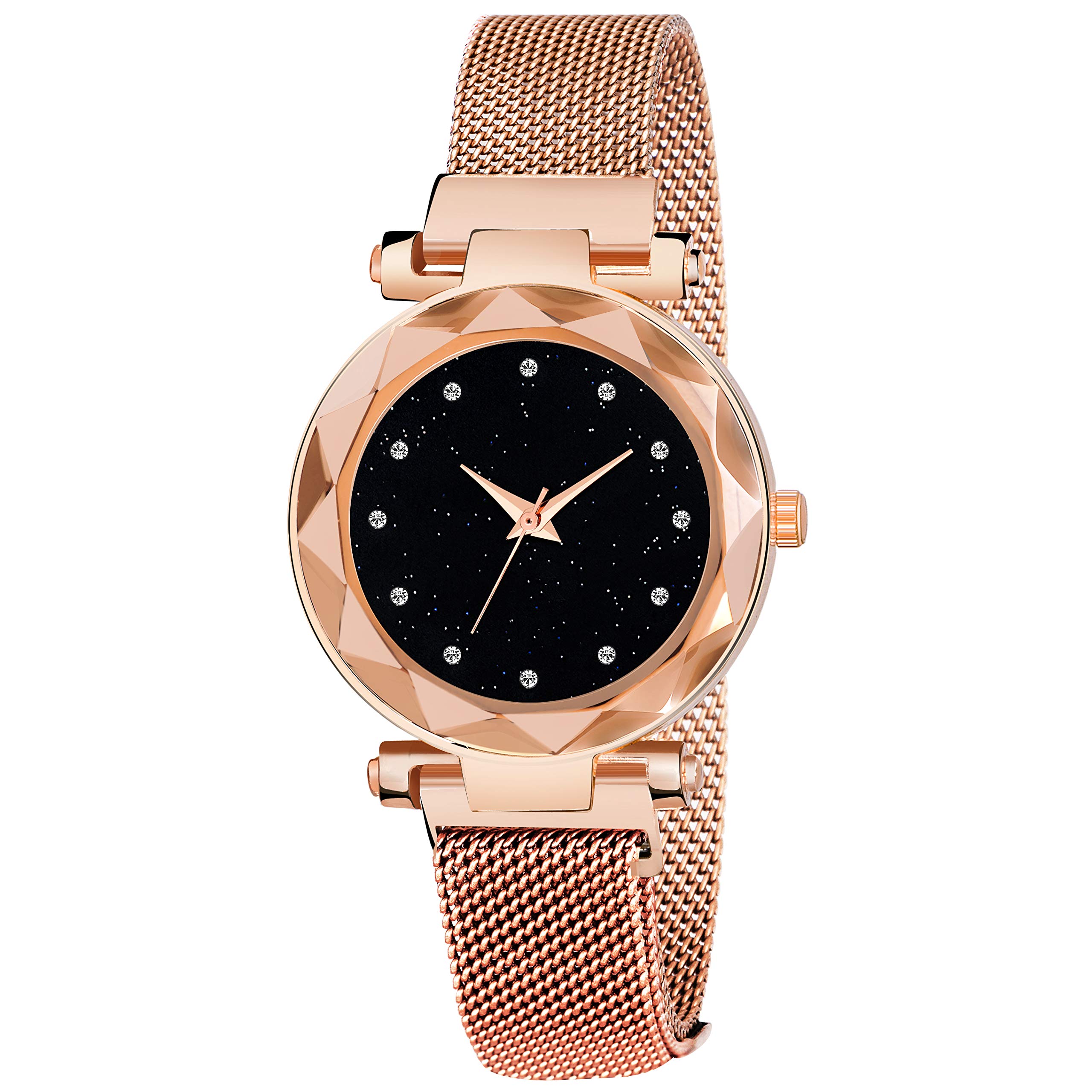 Luxury Mesh Magnet Buckle Starry Sky Quartz Watch for Women - Rose Gold Analog Ladies Watch with Mysterious Design - Perfect for Daily Wear, Office, Parties & Special Occasions