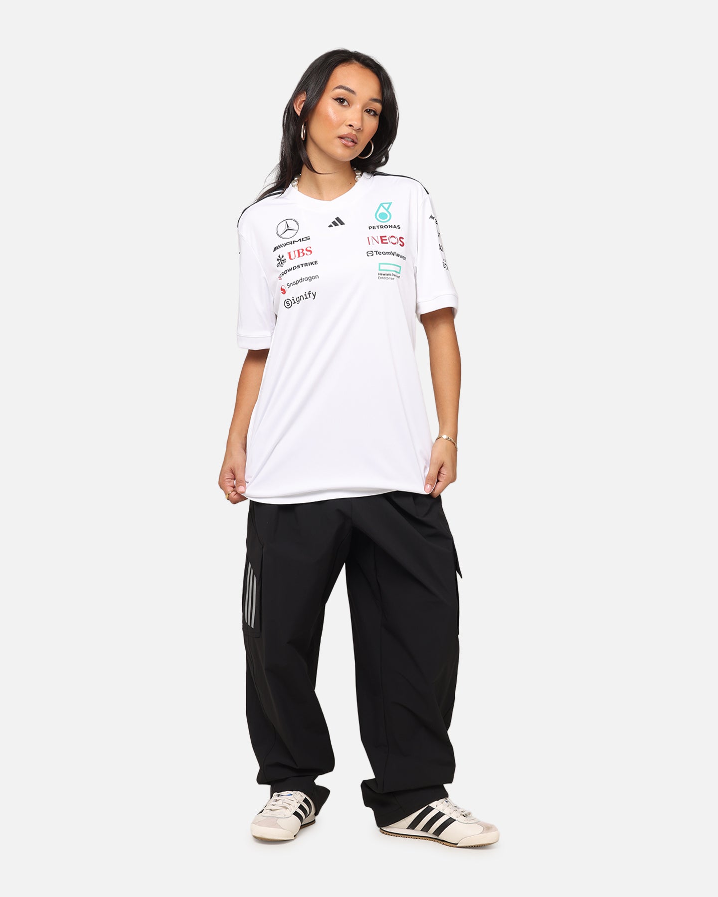 Adidas x Mercedes AMG PETRONAS F1 2025 Team Driver T-Shirt - White | Official Formula One Racing Tee for Motorsport Fans & Casual Wear