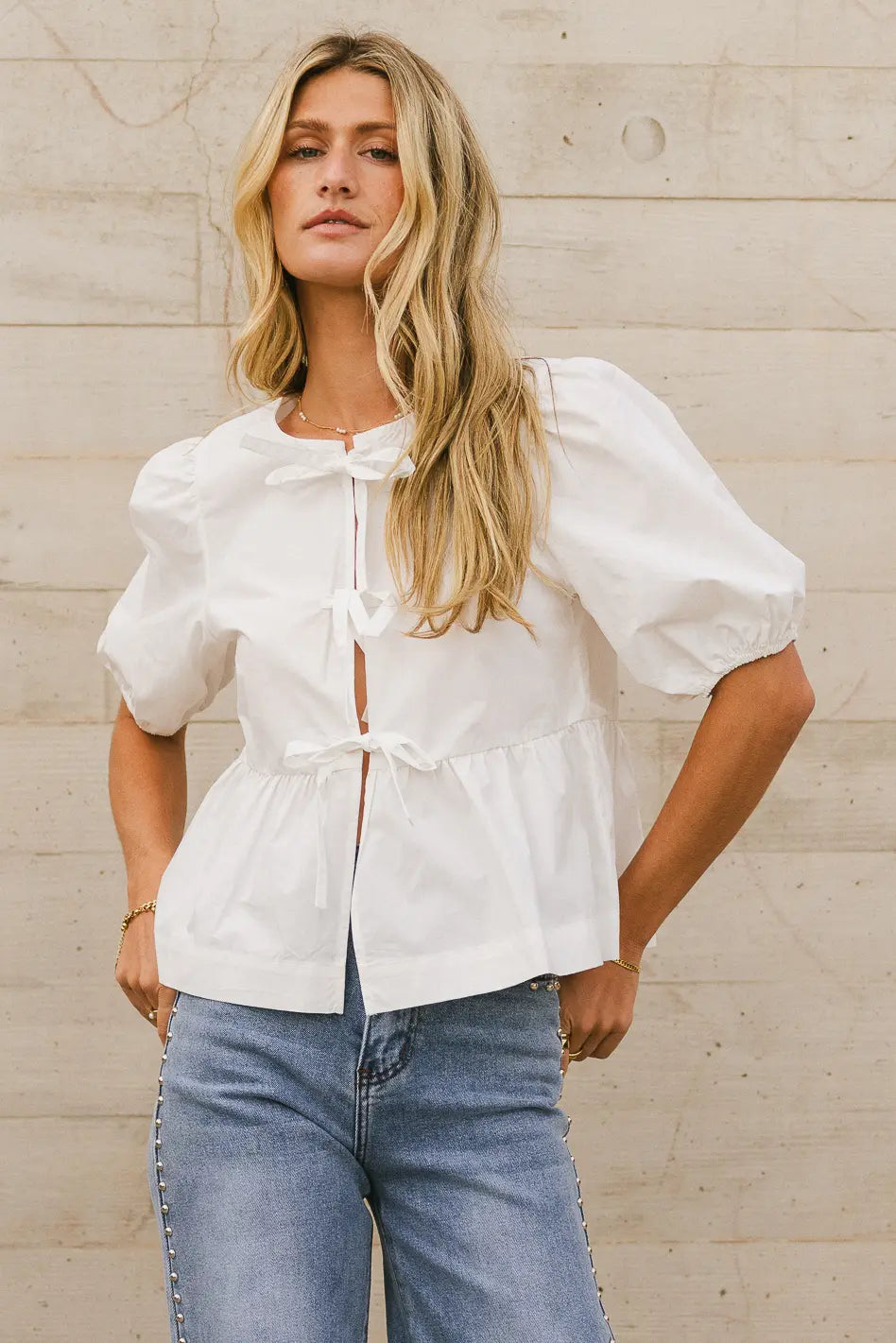 Natalia Peplum Tie Blouse in White | Elegant Women's Fashion Top for Work & Date Night | FINAL SALE