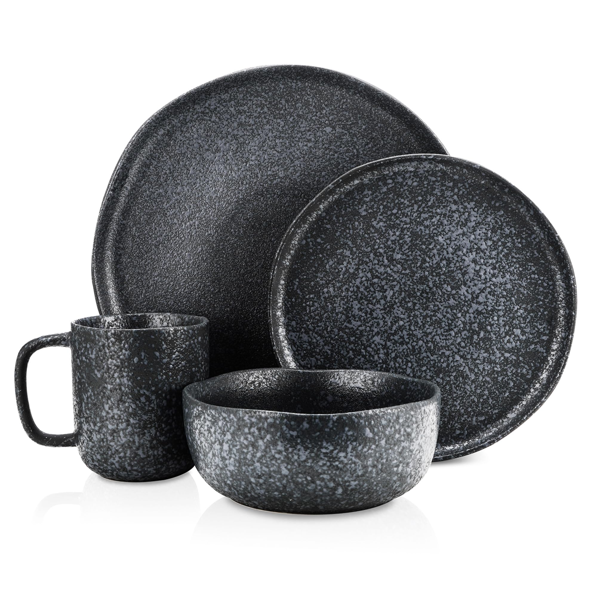 16-Piece Stoneware Dinnerware Set - Reactive Glaze Plates & Bowls for 4 - Microwave & Dishwasher Safe - Black & White - Perfect for Family Dinners, Entertaining Guests & Everyday Use