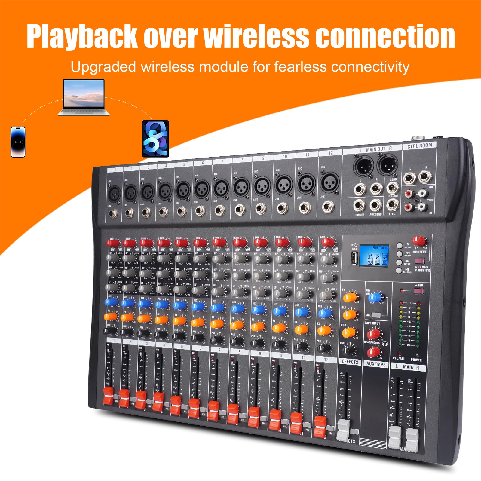 GX12 12-Channel Professional Audio Mixer with USB & Bluetooth, 48V Phantom Power, Digital MP3 Input - Perfect for Live Events, Karaoke, DJ Performances, Studio Recording, and Home Music Production