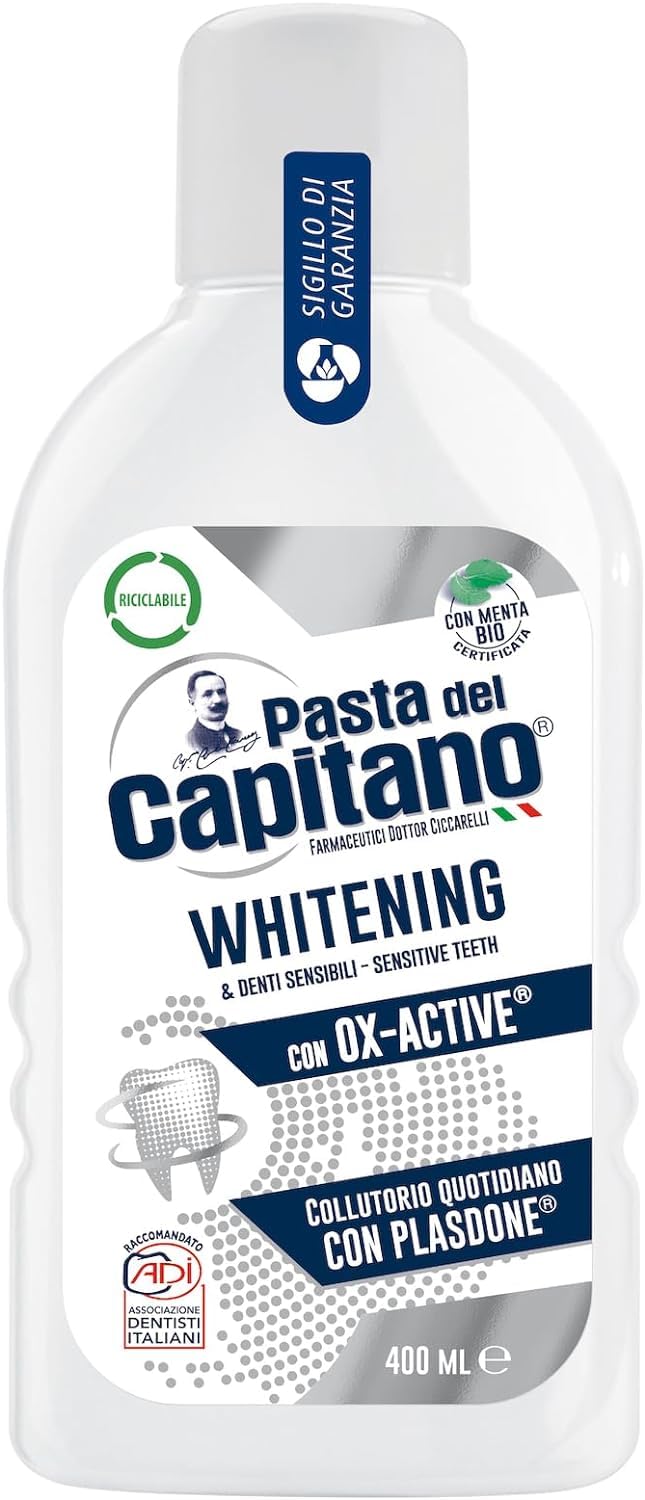 8 x Pasta del Capitano Whitening Mouthwash for Sensitive Teeth – 400 ml with Free Culinary Keychain | Freshens Breath & Whitens Teeth | Ideal for Home, Travel & Daily Oral Care