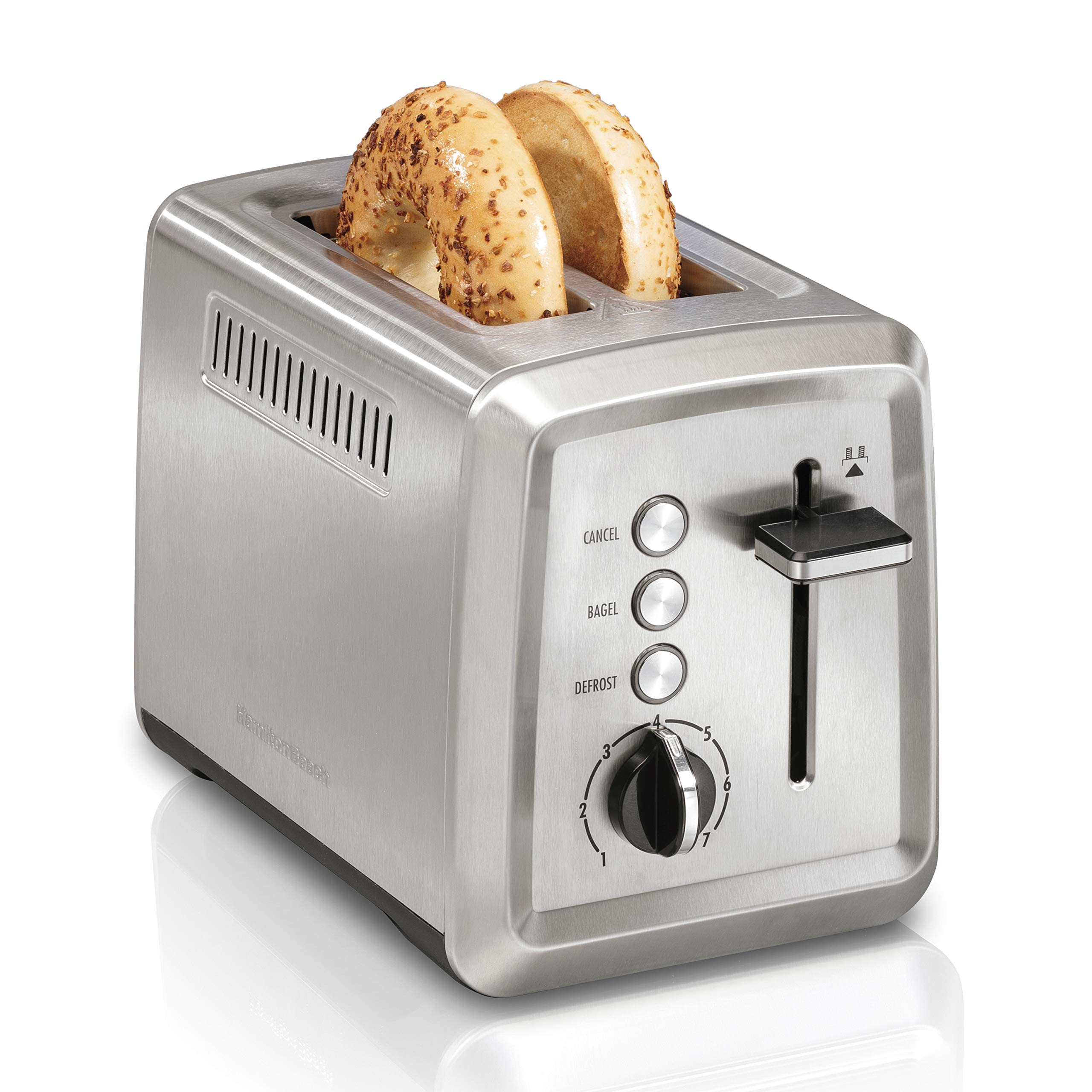 Hamilton Beach 2 Slice Toaster - Extra-Wide Slots for Bagels & Thick Bread, 7 Shade Settings, Defrost & Reheat Functions, Auto Shutoff, Slide-Out Crumb Tray - Perfect for Breakfast, Office or Dorm Room (Stainless Steel, Model 22794)