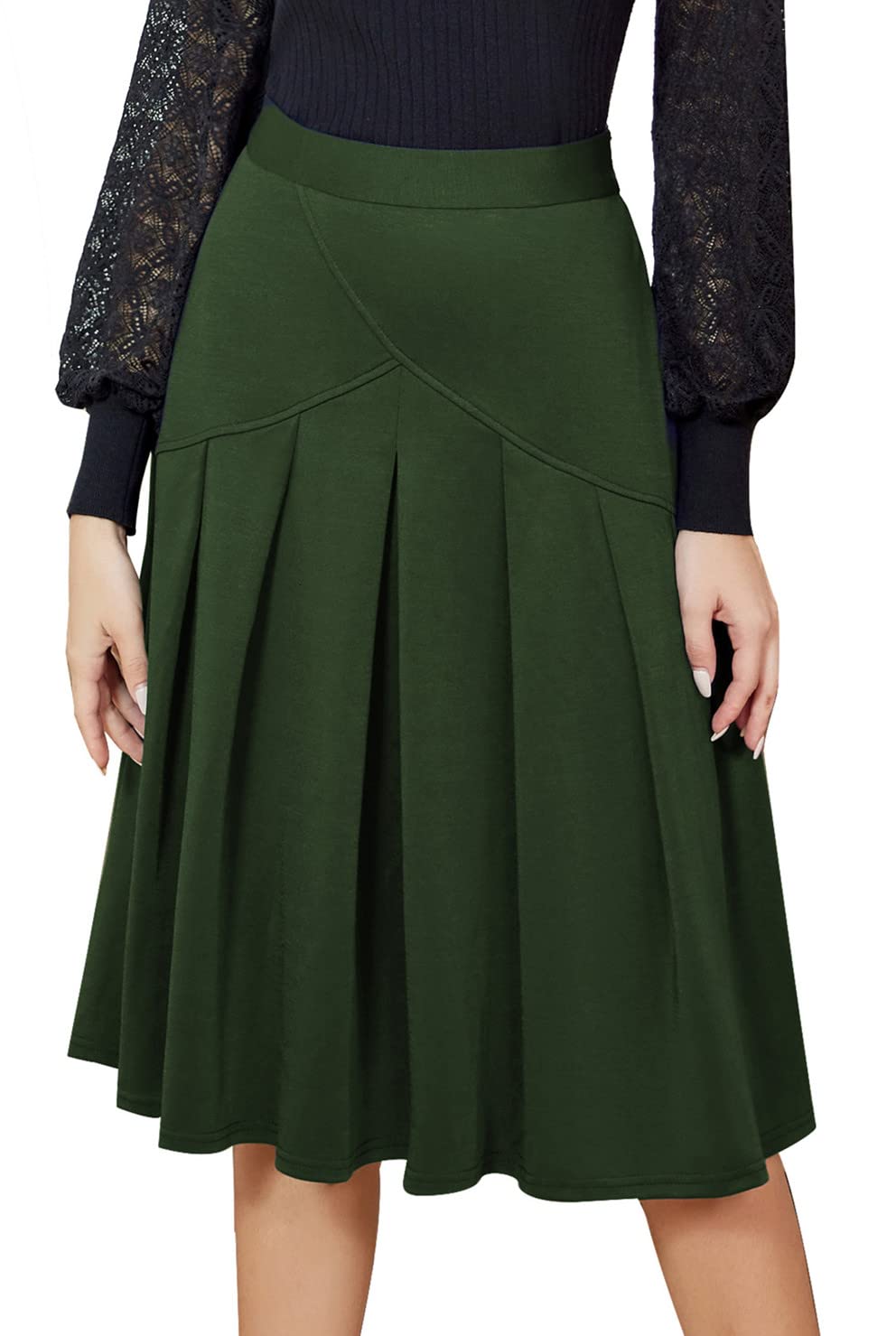 Kate Kasin Women's High Waisted Midi Skirt - Fashion Pleated A-Line Swing Skirt in Solid Colors for Work, Date Night & Casual Outfits