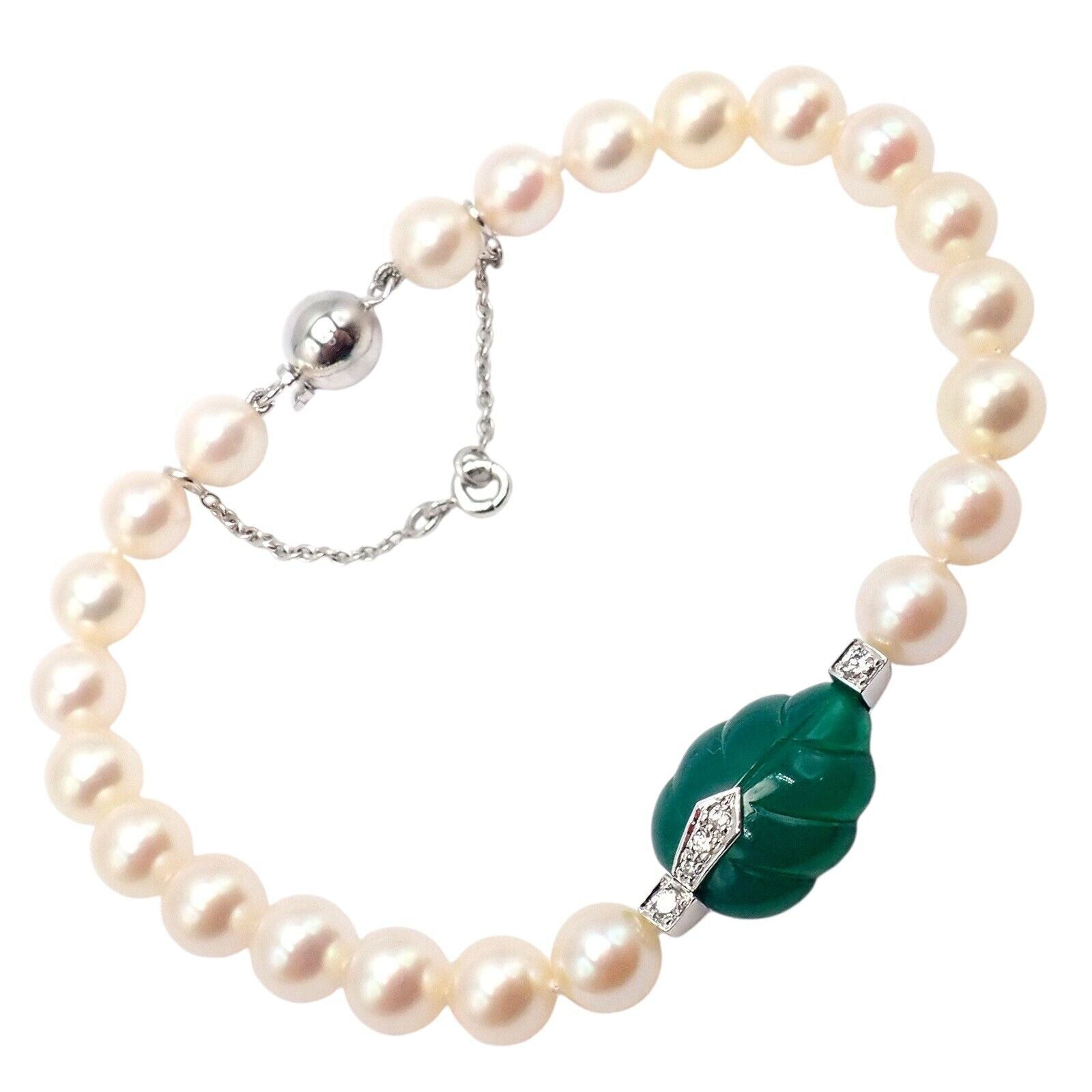 Authentic Cartier 18k White Gold 7mm Pearl Diamond Chalcedony Patiala Bracelet - Luxury Jewelry for Women, Elegant Gift for Weddings & Special Occasions