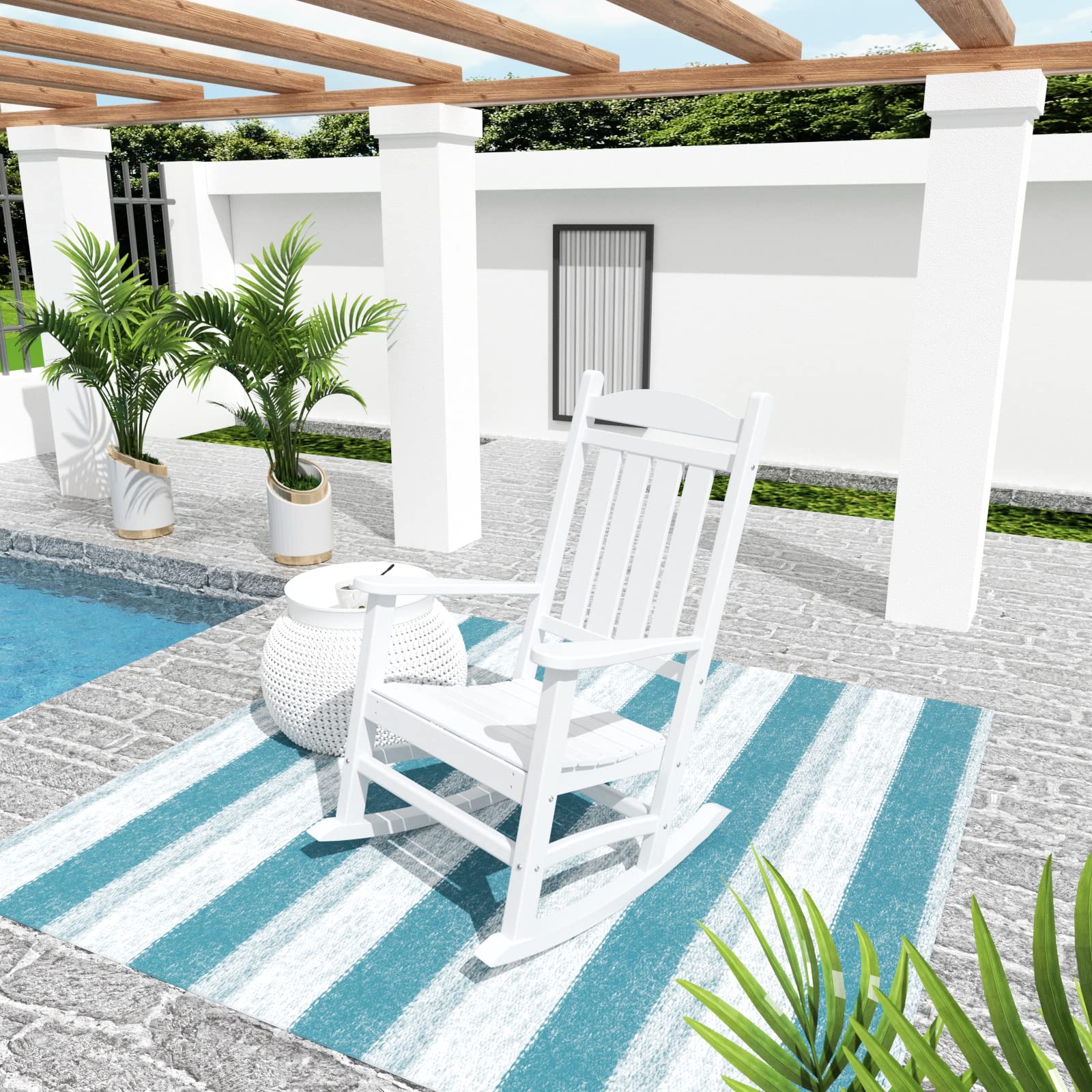 WO Home Furniture Patio Rocking Chair - Farmhouse Style Outdoor Rocker with HDPE & UV-Resistant Finish (White) - Perfect for Porch, Garden, Deck & Backyard Relaxation