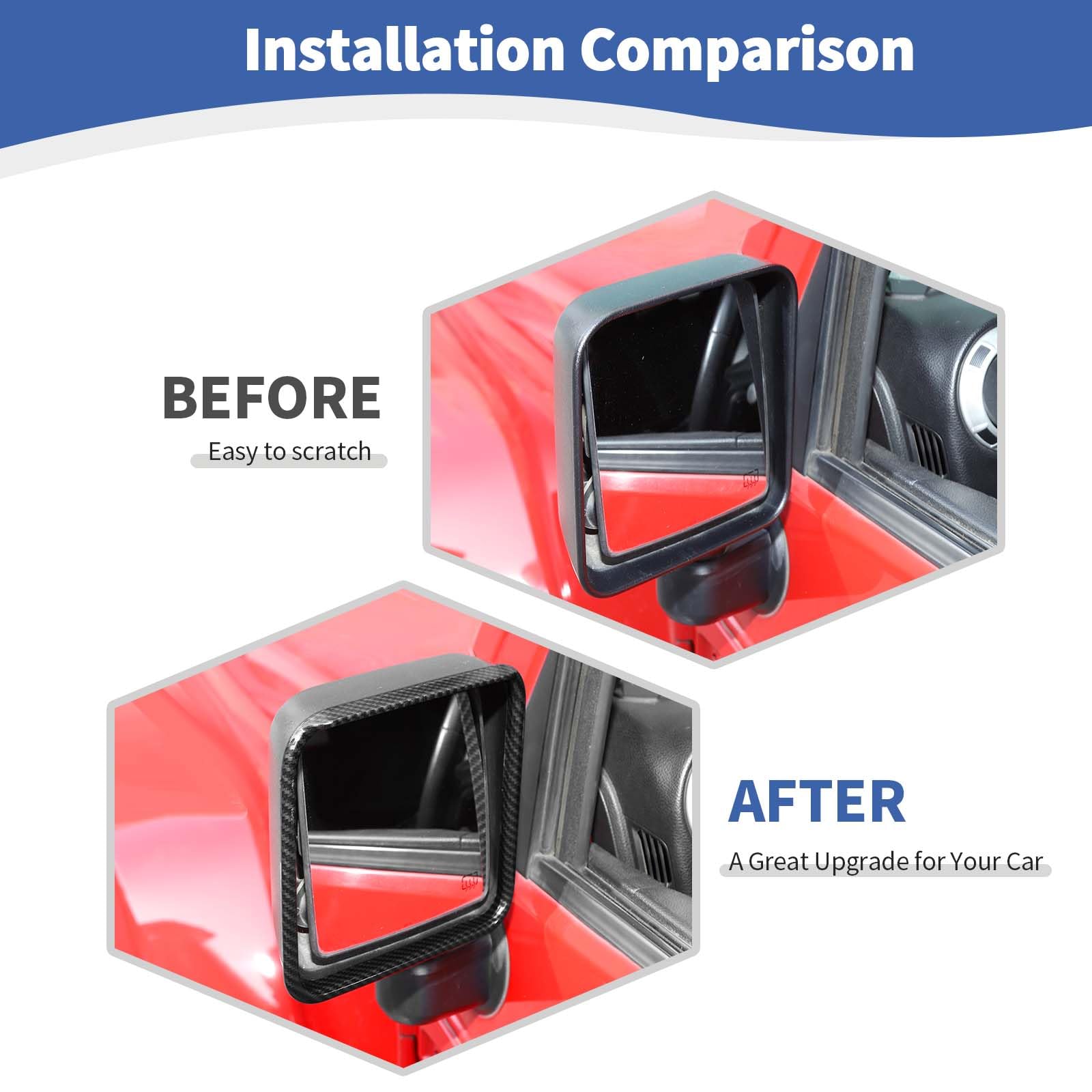 Jeep Wrangler JK JKU Side Mirror Visor Cover (2007-2017) - Carbon Fiber Grain Eyebrow Trim Guard - Black Exterior Accessories (2-Piece Set) for Off-Road Protection & Style Enhancement