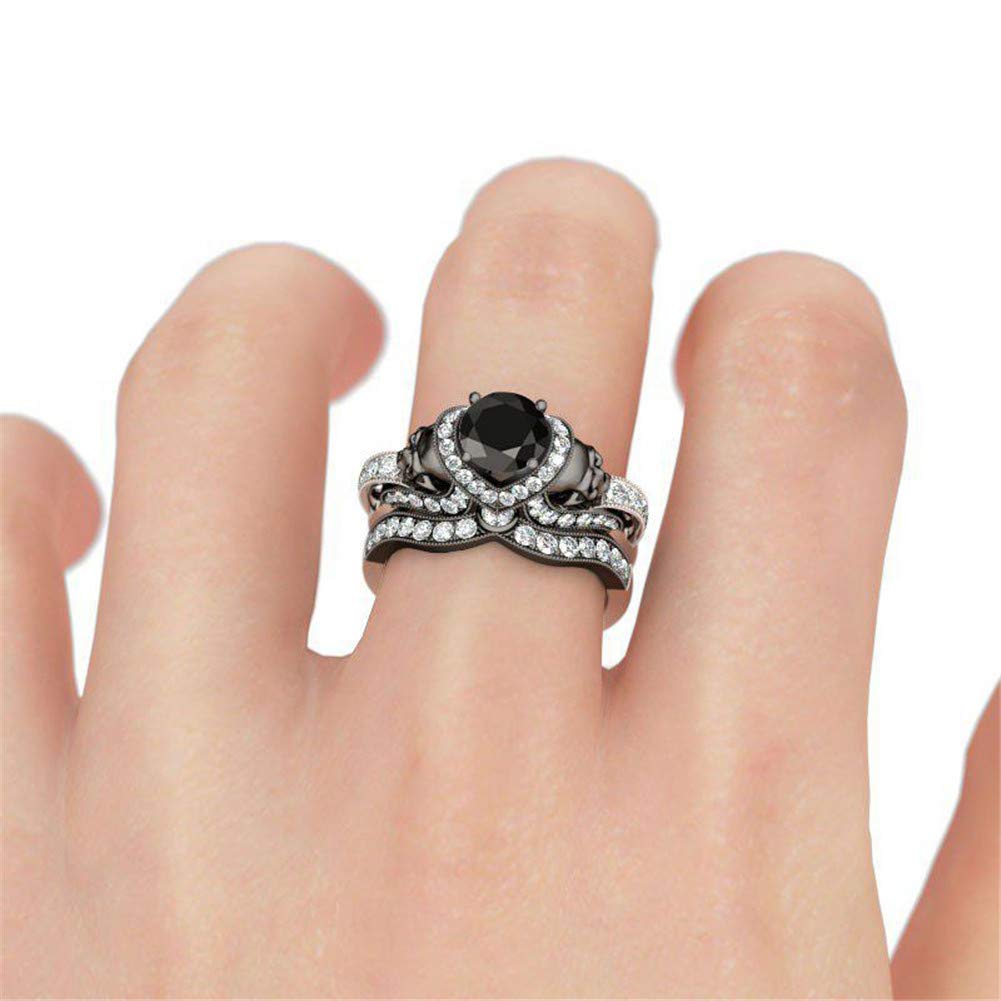 Jeulia Black Diamond Wedding Ring Set for Women & Men - 925 Sterling Silver Skull Twist Rings, Nightmare Before Christmas Jewelry, Halloween CZ Solitaire Anniversary Promise Rings - Perfect for Gothic Weddings, Halloween Costumes & Alternative Fashion Lovers