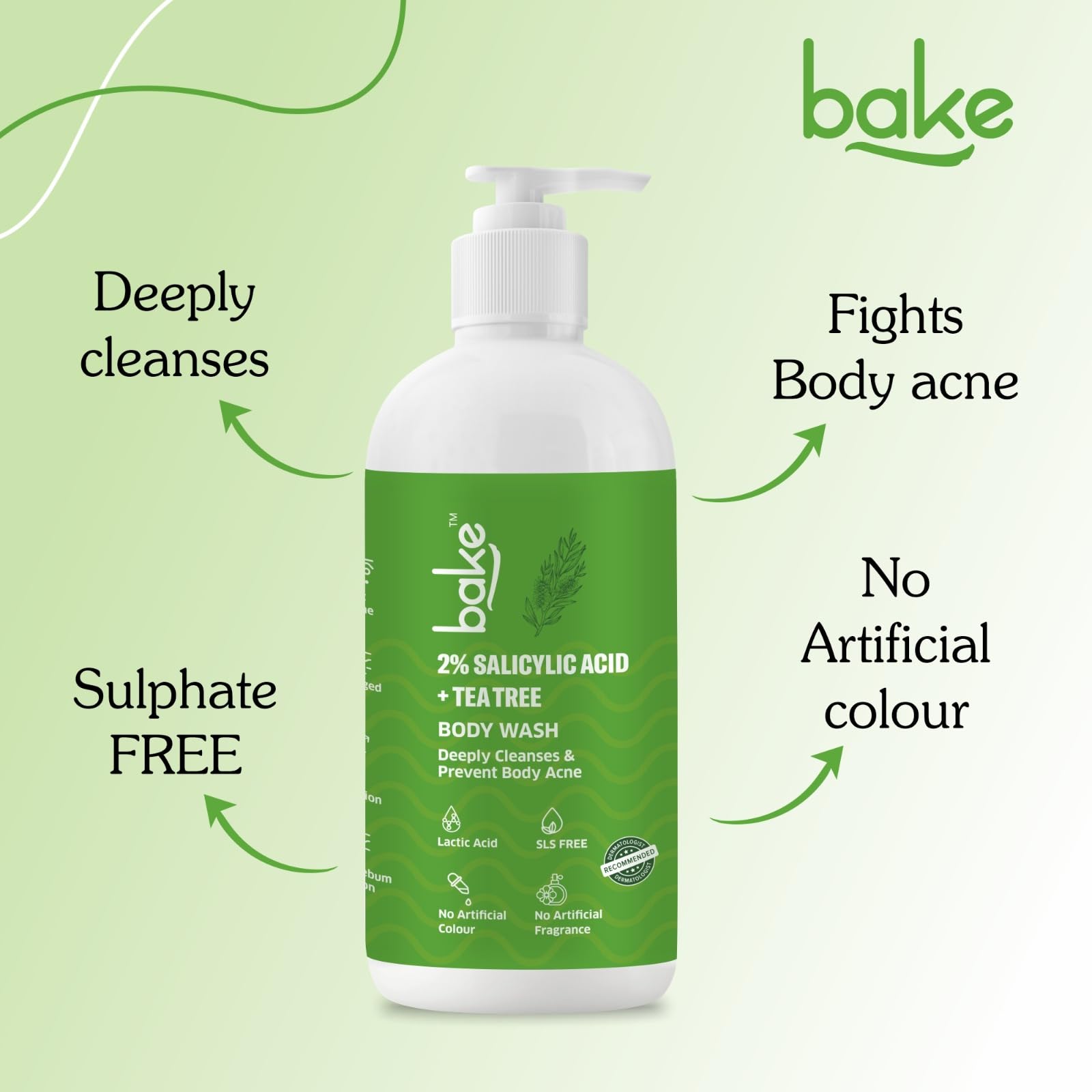 BAKE 2% Salicylic Acid & Lactic Acid Body Wash for Body Acne Treatment - Prevents Back Acne, Bumpy Skin, Reduces Inflammation & Strawberry Legs - Unisex Exfoliating Body Cleanser for Women & Men (250ml) - Perfect for Shower Routine & Post-Workout Skin Care