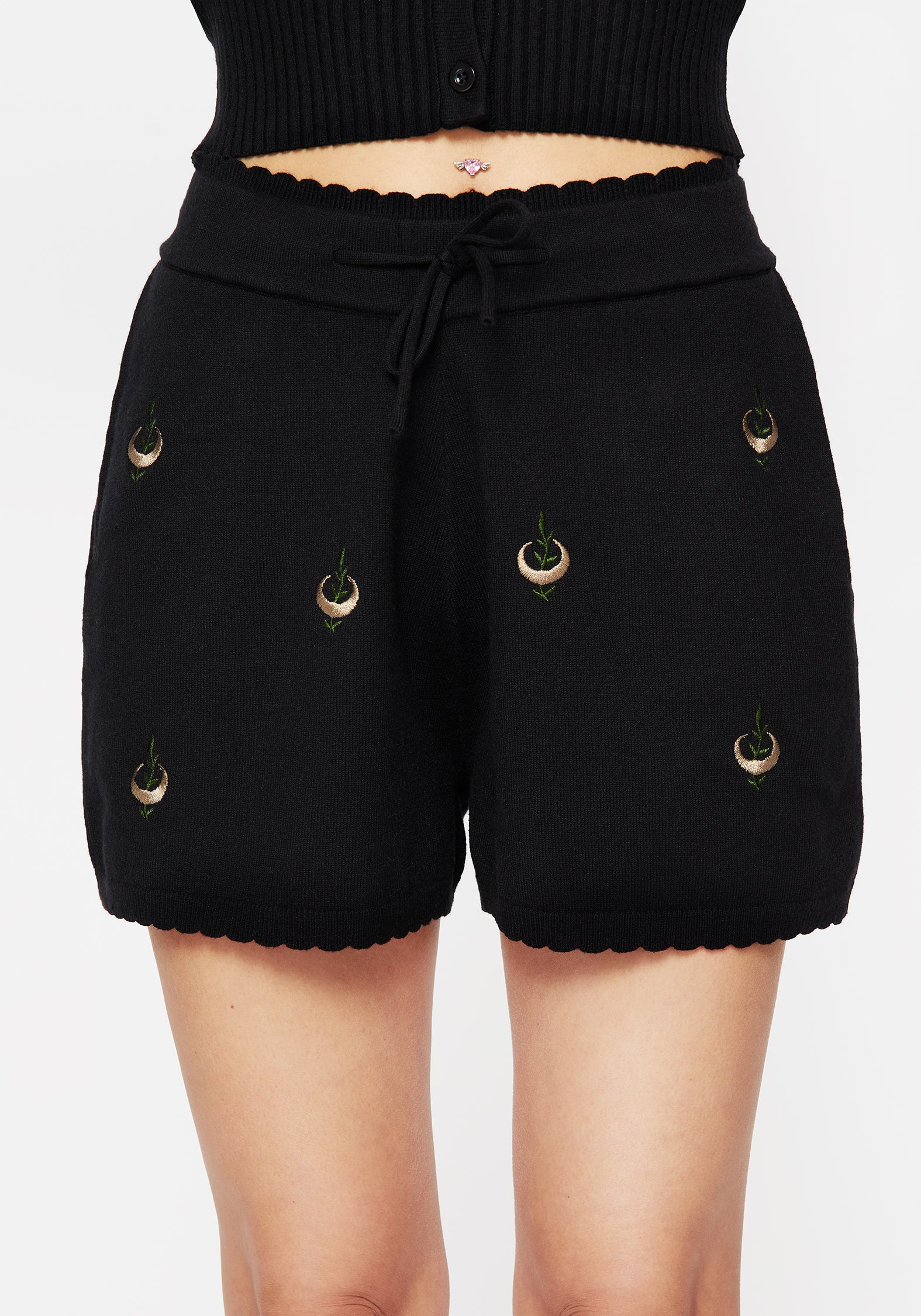 Liana Moon Leaf Embroidered Knit Shorts for Women - Comfortable Summer Casual Shorts with Floral Design - Perfect for Beach, Vacation and Everyday Wear
