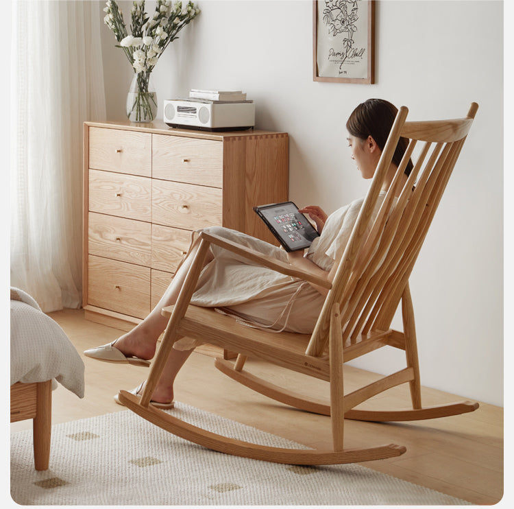 Solid Oak Wood Genuine Leather Rocking Chair - Handcrafted Comfort for Living Room, Nursery & Porch Relaxation