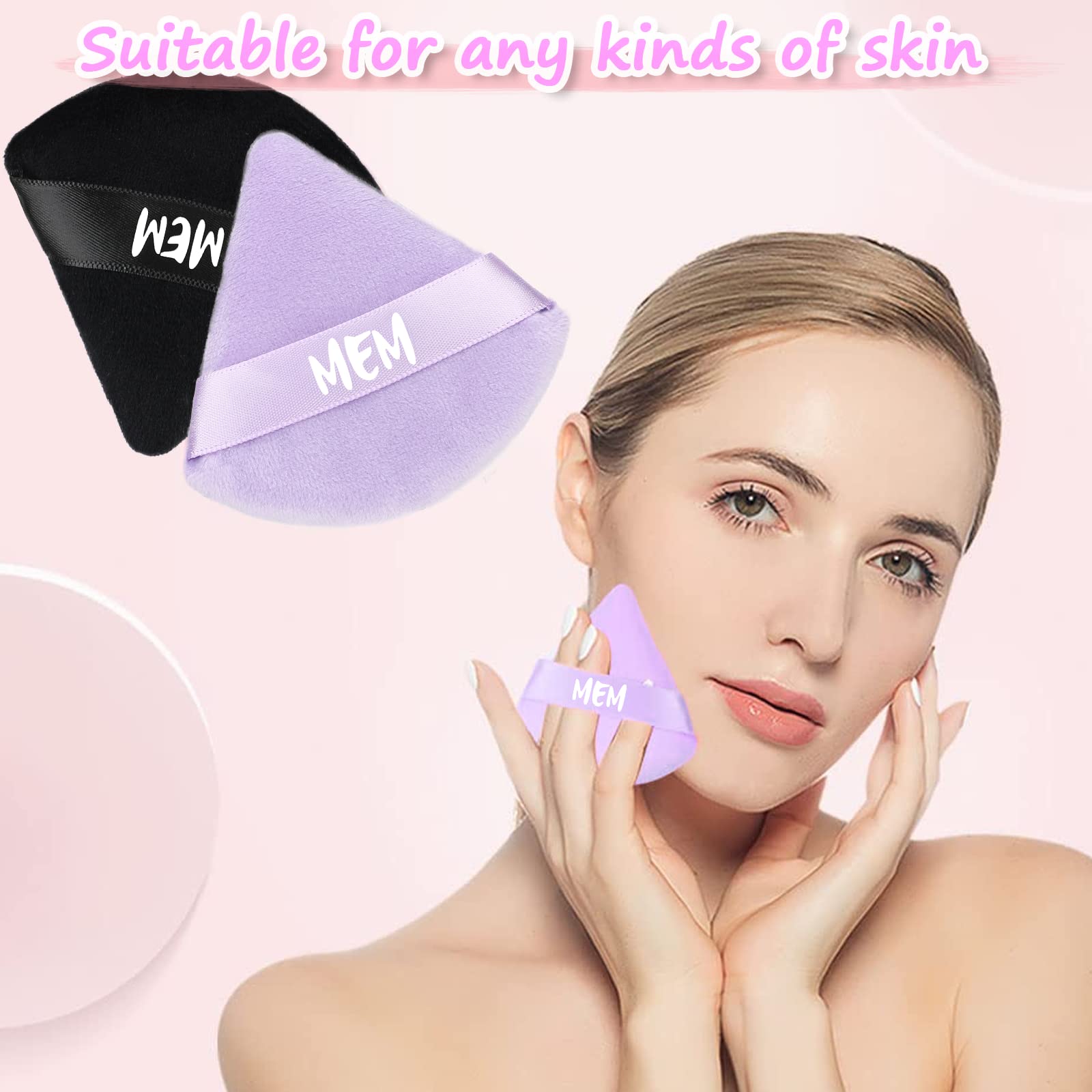 8-Piece MEM Triangle Powder Puff Set - Soft Velour Makeup Sponges for Loose & Pressed Powder Application (Wet/Dry Use) | Skin-Friendly Beauty Blenders with Satin Ribbon Handle | Perfect for On-the-Go Touchups & Professional Makeup Kits