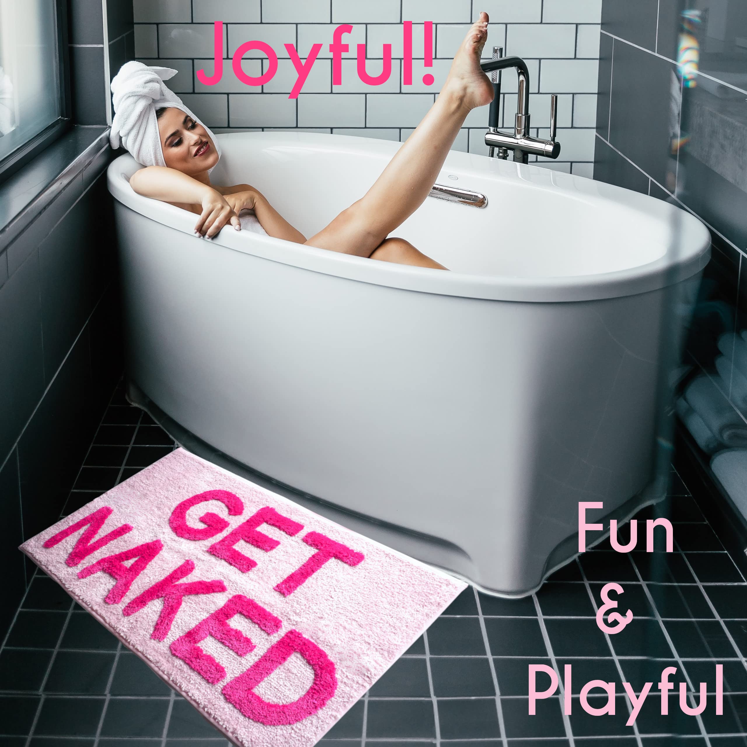 Evovee Funny Get Naked Bath Mat - Non-Slip Washable Bathroom Rug, Cute Shower Decor for College Dorm, Light Pink - Perfect for Bathroom, Spa & Home Decor Gifts
