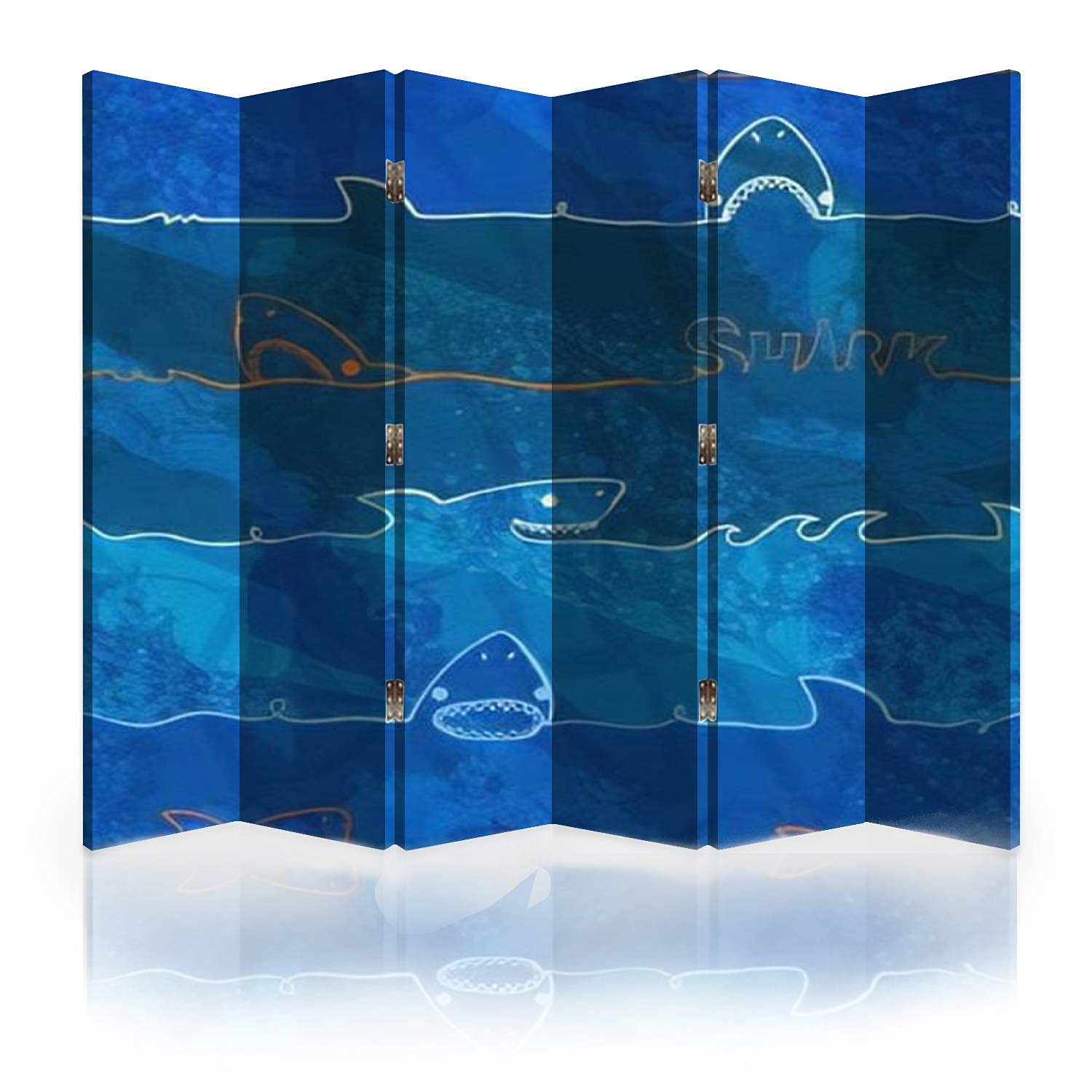 6-Panel Canvas Room Divider Screen - Abstract Shark Pattern Underwater Life Design in Grunge Blue | Folding Privacy Partition for Home, Office & Events | Perfect for Room Separation, Decoration & Space Organization