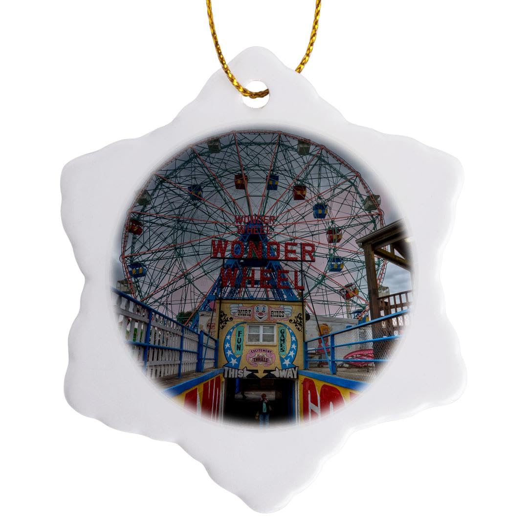 3 Inch Snowflake Porcelain Christmas Ornament - Vintage Ferris Wheel Design, Holiday Tree Decoration for Winter Photography & Home Décor