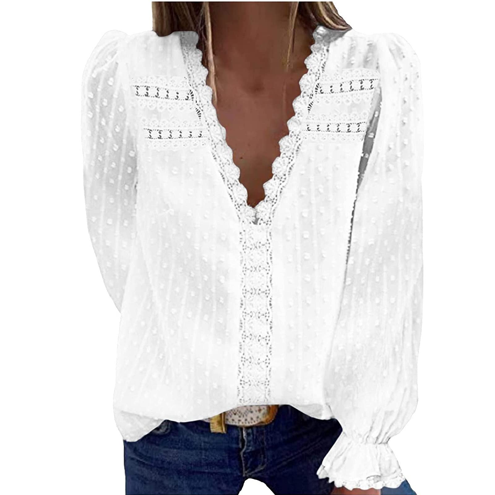 Trendy Women's Summer Loose Casual V-Neck Pullover Lace Blouse - Long Sleeve Solid White Top (Size S) | Perfect for Beach Outings, Office Wear & Date Nights