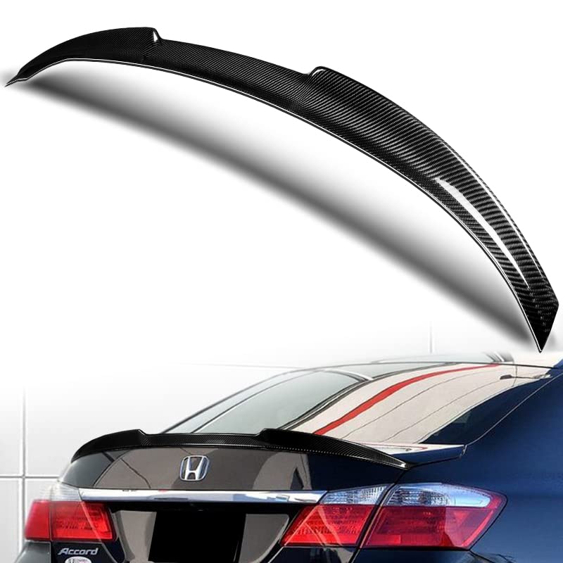 HYPERSPEED Real Carbon Fiber Trunk Spoiler Wing Lip Kit - V-Style Rear Lip Compatible with Honda Accord Sedan 2013-2017 | Car Mod Accessories & Automotive Replacement Parts | Enhance Style & Aerodynamics for Street Racing & Show Cars