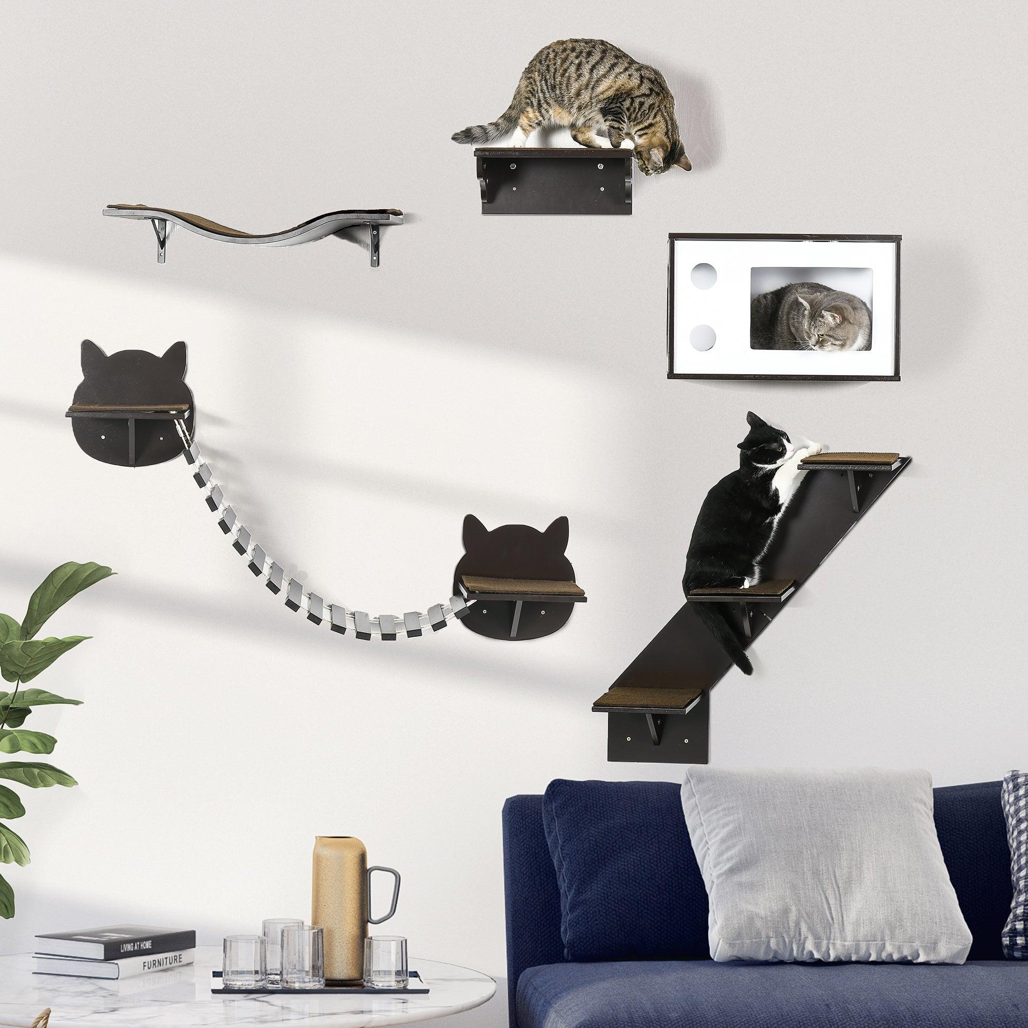 Ergonomic Cat Shelves with Cozy House, Bridge & Stairs - Wall Mounted Cat Climbing Playground for Indoor Cats - Modern Coffee Brown Cat Tree for Play, Rest & Exercise