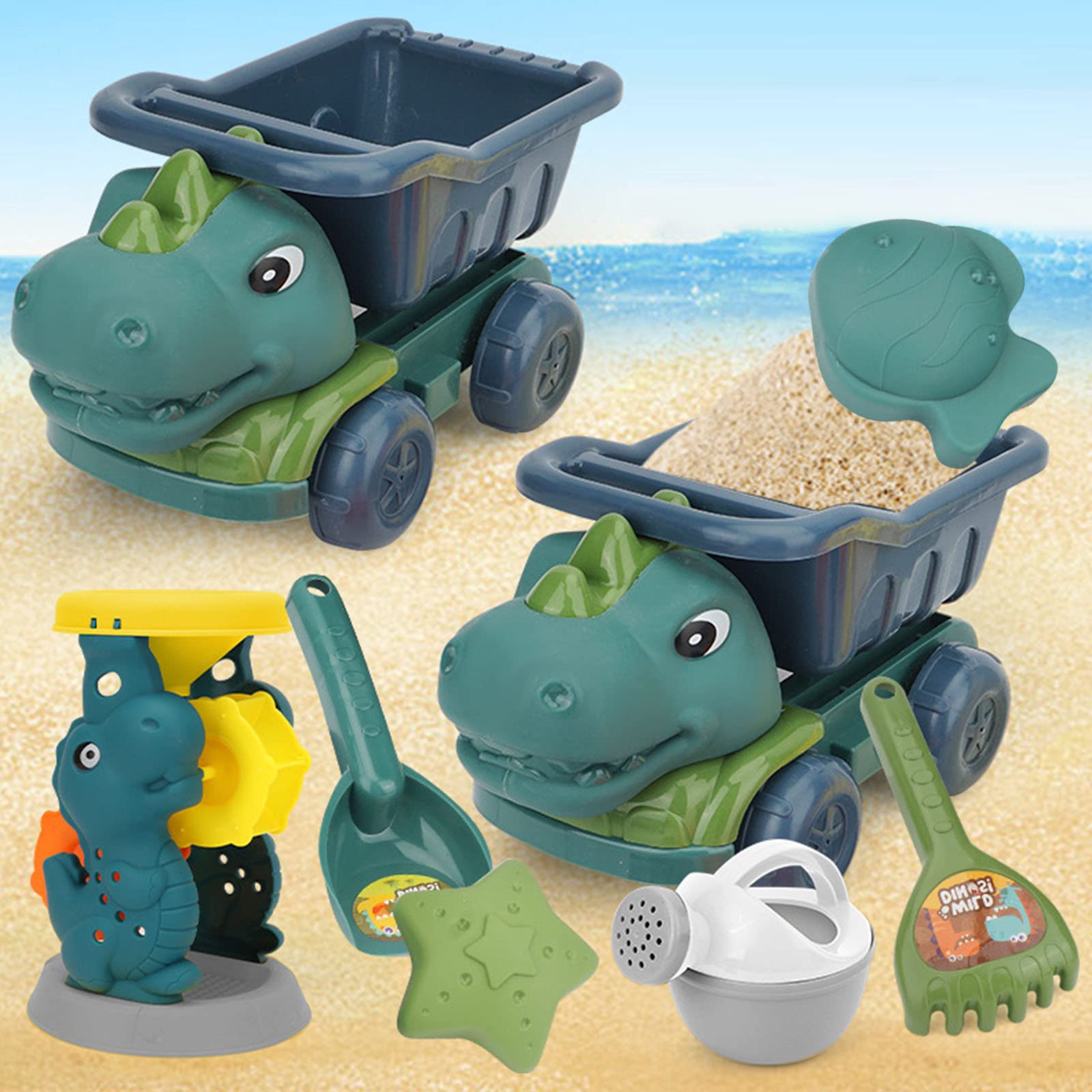 Dinosaur Sand Toys for Kids - Beach Shovel Set with Engineering Vehicles, Outdoor Water & Sand Play Tools, Hourglass & Dinosaur Toy Cars - Perfect for Beach Trips, Backyard Play & Sandcastle Building