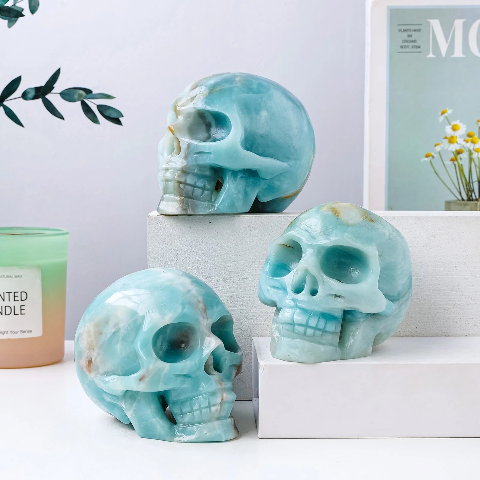 1PC Natural Blue Sky Amazonite Healing Crystal Skull - Feng Shui Stone for Positive Energy, Meditation & Home Decor - Perfect for Spiritual Healing, Office Desk & Gift Giving