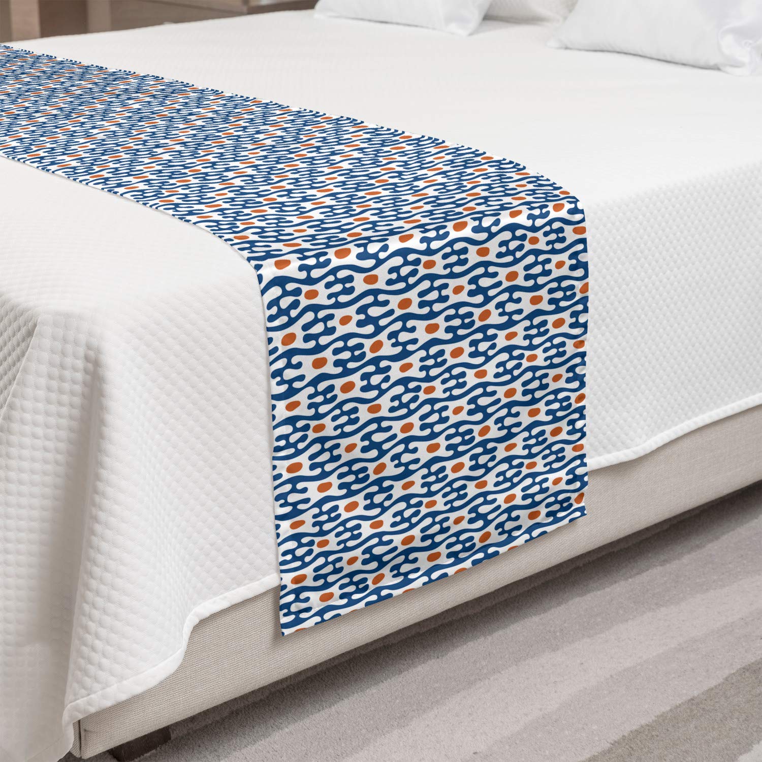 Ambesonne Ethnic Bed Runner - Colorful Abstract Organic Shapes Motif, Decorative Bed Scarf for Hotels, Homes & Guest Rooms in Vermilion, Sky Blue & White | Perfect for Bohemian Bedroom Decor & Luxury Hotel Styling