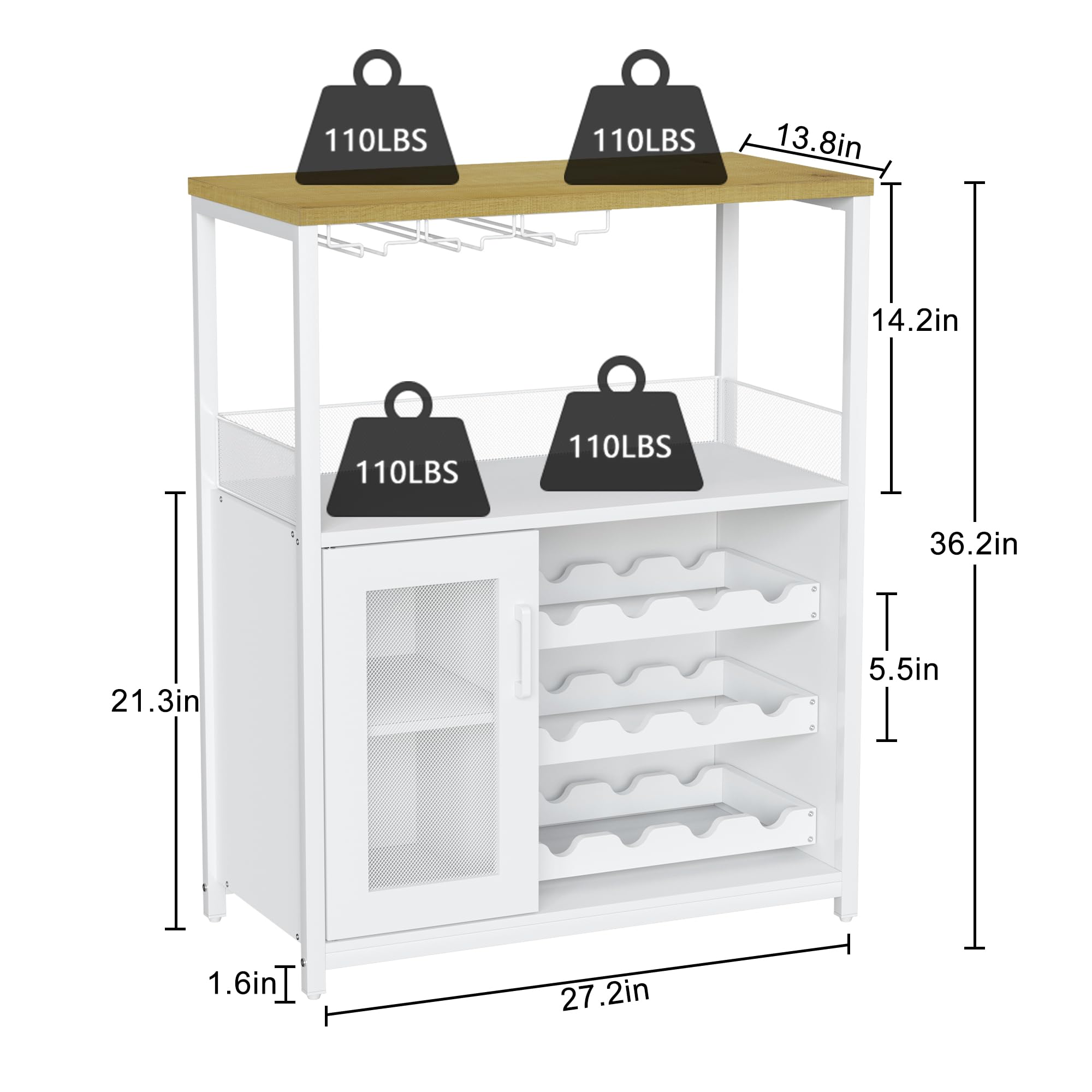 Industrial White Wine Bar Cabinet with Detachable Wine Rack - Farmhouse Coffee Bar Sideboard & Buffet Storage Cabinet for Kitchen, Dining & Living Room - Perfect for Home Bars, Entertaining & Wine Storage (White)