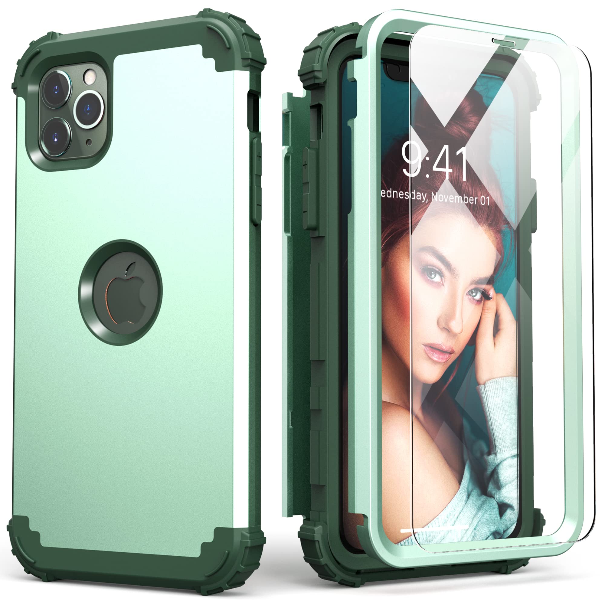 Premium Shockproof iPhone 11 Pro Max Case - 3-in-1 Hybrid Protection with Tempered Glass, Hard PC Back & Soft Silicone Bumper (Mint Green) | Perfect for Outdoor Activities, Work & Daily Use
