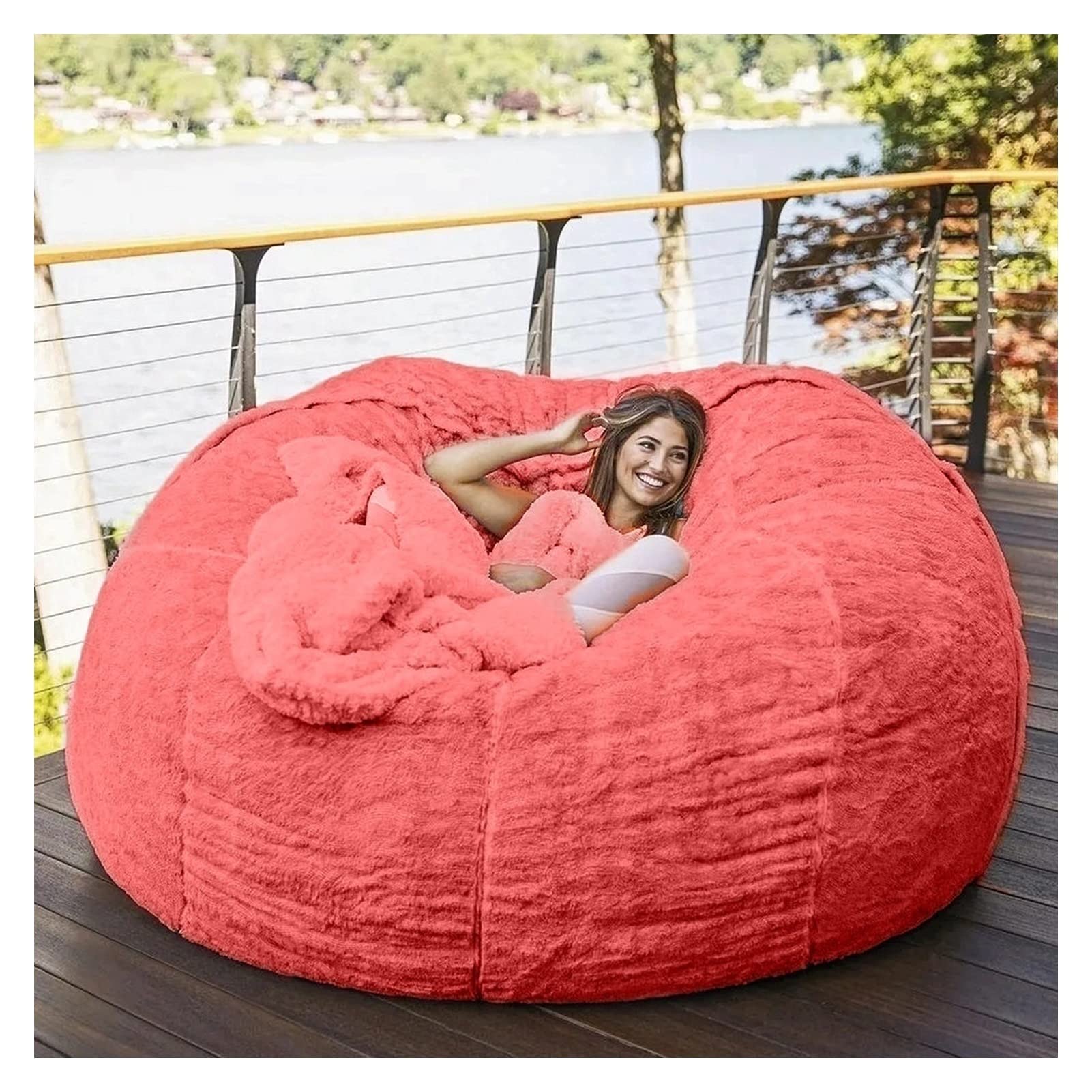 5 6 7 FT Velvet Bean Bag Chair Cover - Soft Fluffy Round Cushion for Sofa Bed (Cover Only) - Watermelon Red - Perfect for Living Room, Bedroom & Dorm Lounge Furniture