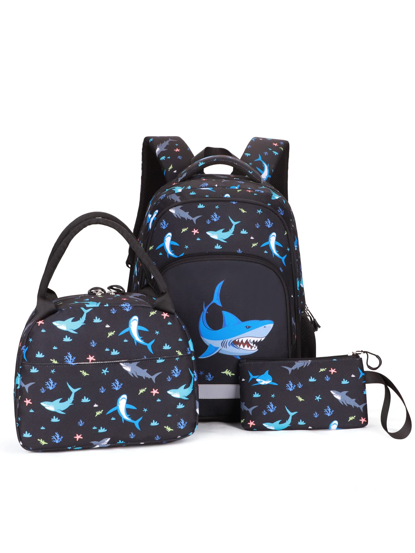 Teecho Stylish 3-Piece Cute School Backpack Set for Girls & Women - Laptop Backpack with Shark Design | Perfect for School, College, Travel & Daily Use